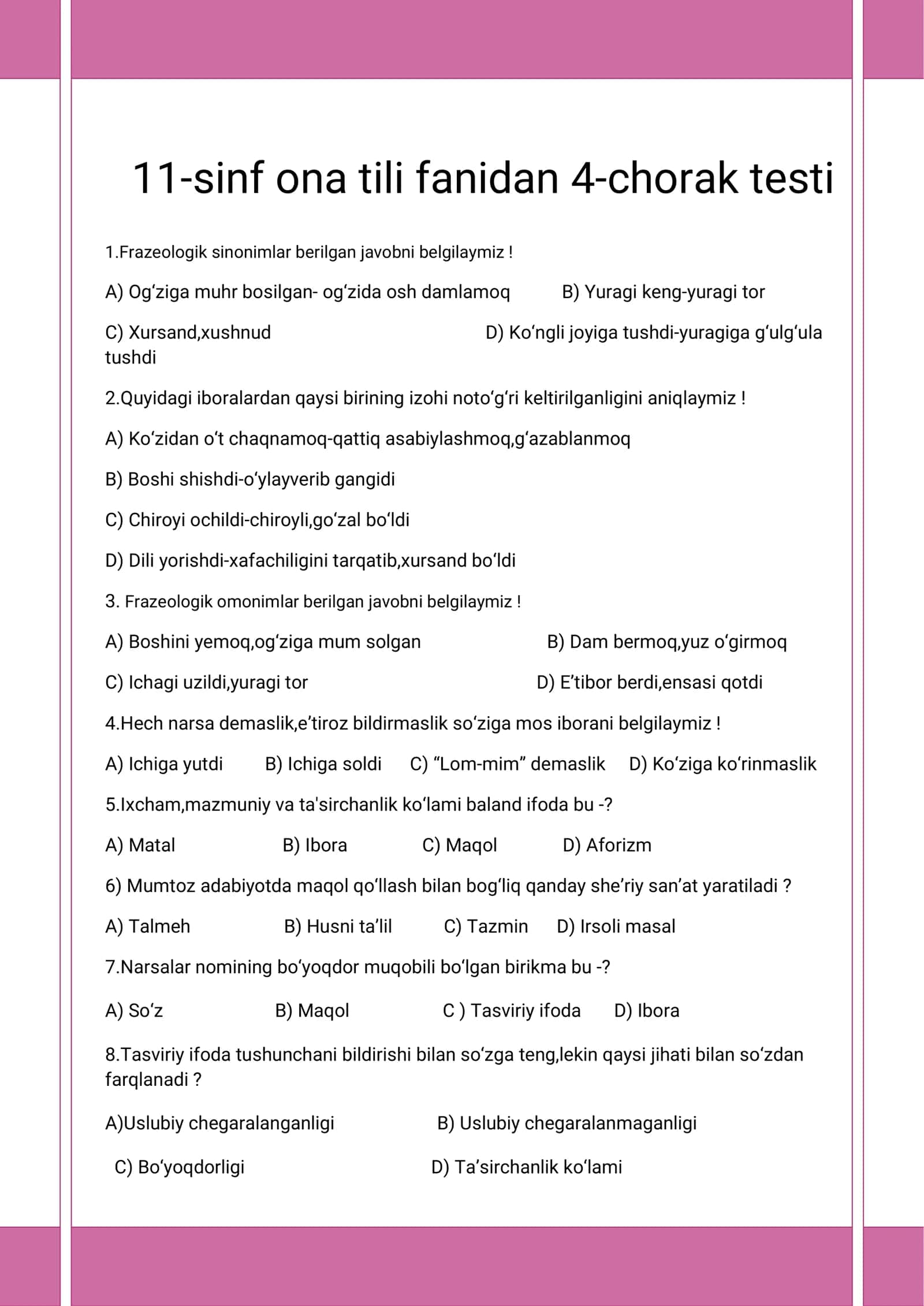 11 sinf bo'yicha adabiyot fanidan test 1