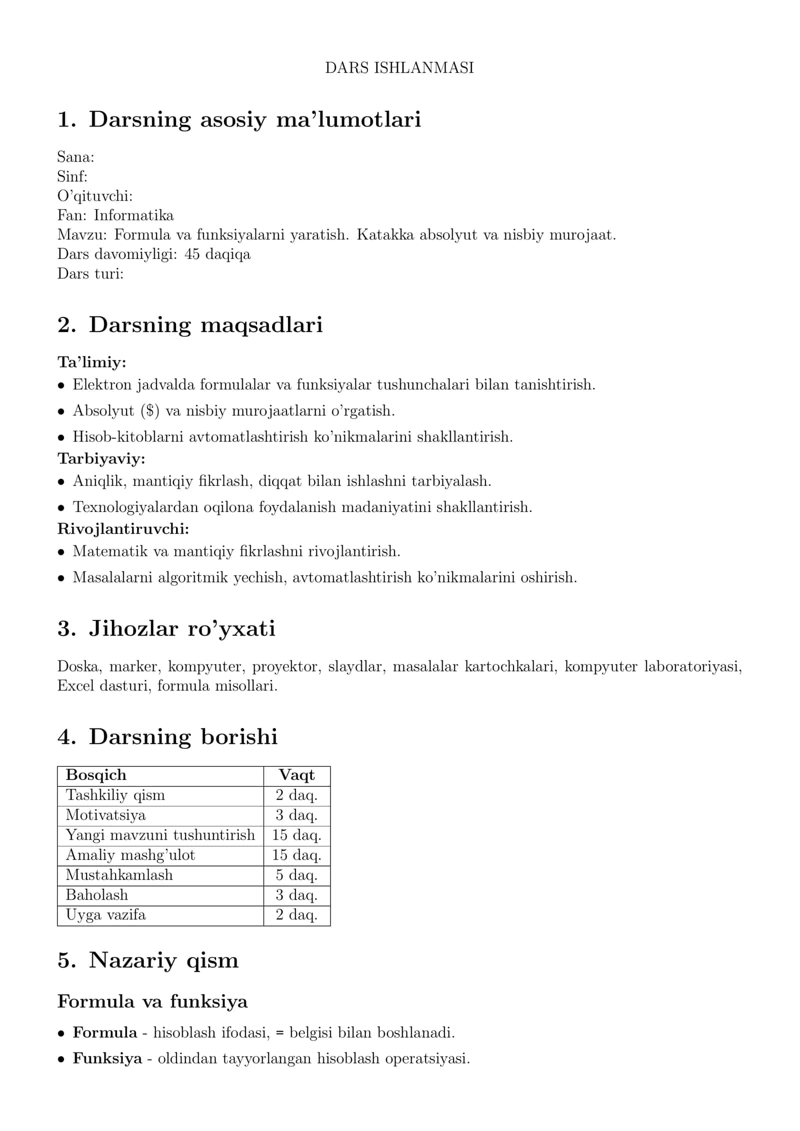 Formula va funksiyalarni yaratish. Katakka absolyut va nisbiy murojaat 1