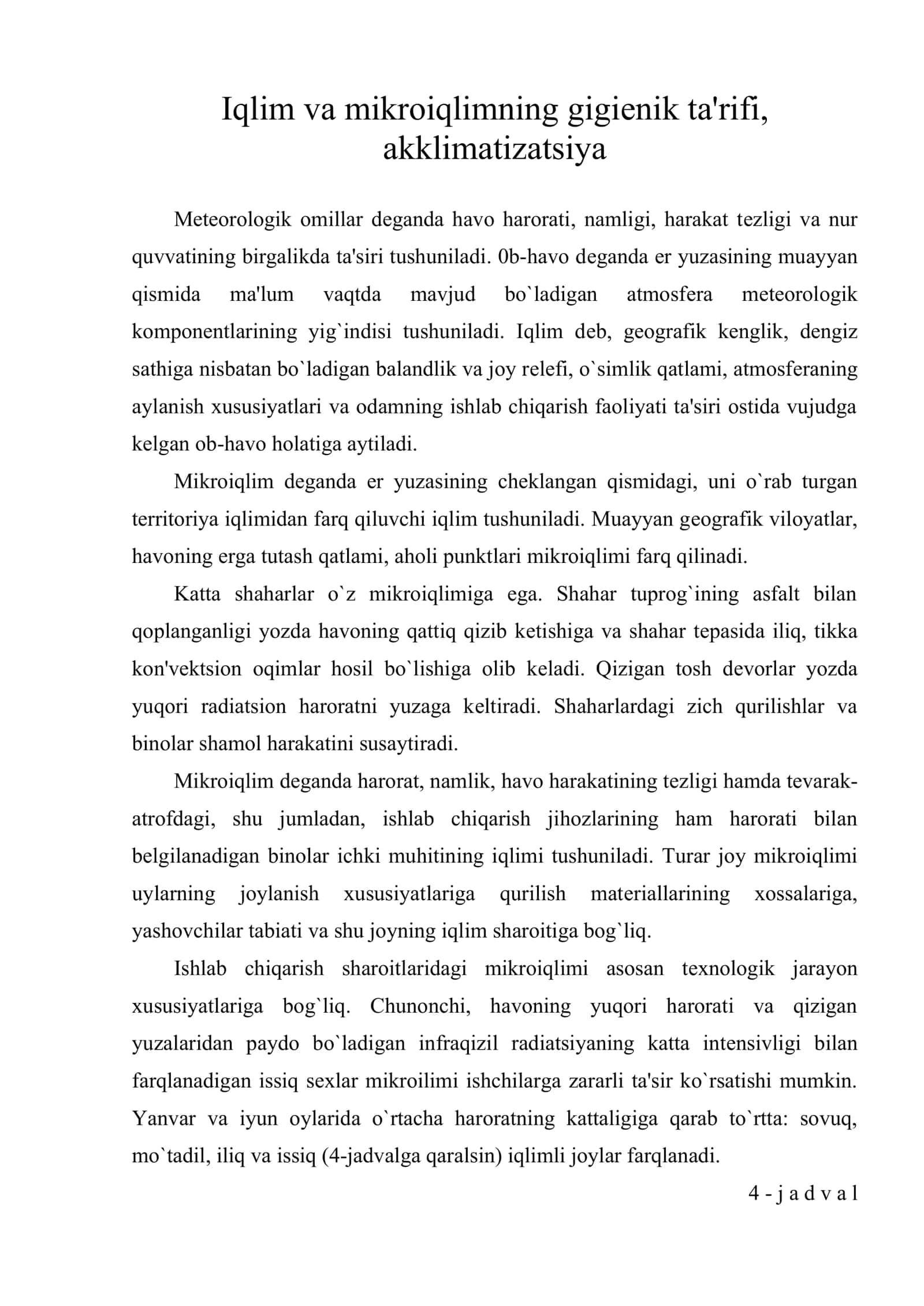 Iqlim va mikroiqlimning gigiyenik ta'rifi, akklimatizatsiya 1