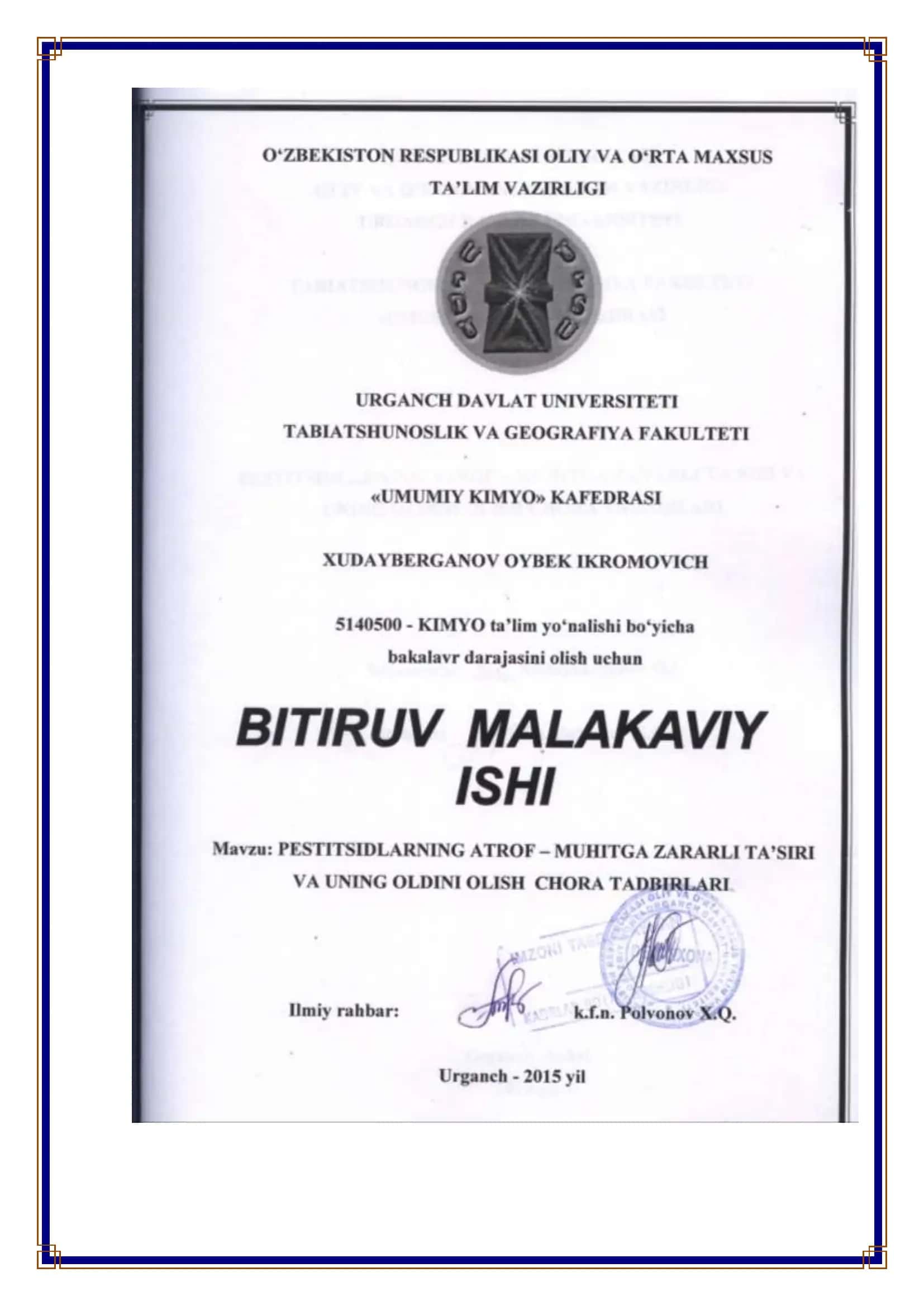 Pestitsidlarning atrof – muhitga zararli ta’siri va uning oldini olish chora tadbirlari 1