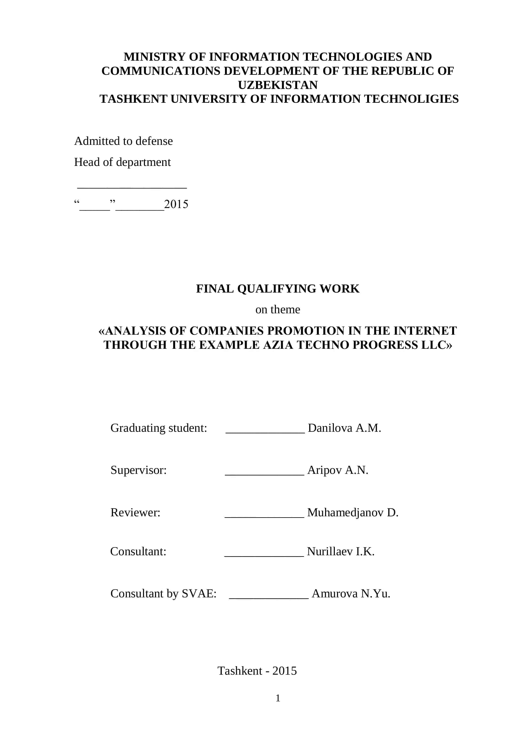 ANALYSIS OF COMPANIES PROMOTION IN THE INTERNET THROUGH THE EXAMPLE AZIA TECHNO PROGRESS LLC 1