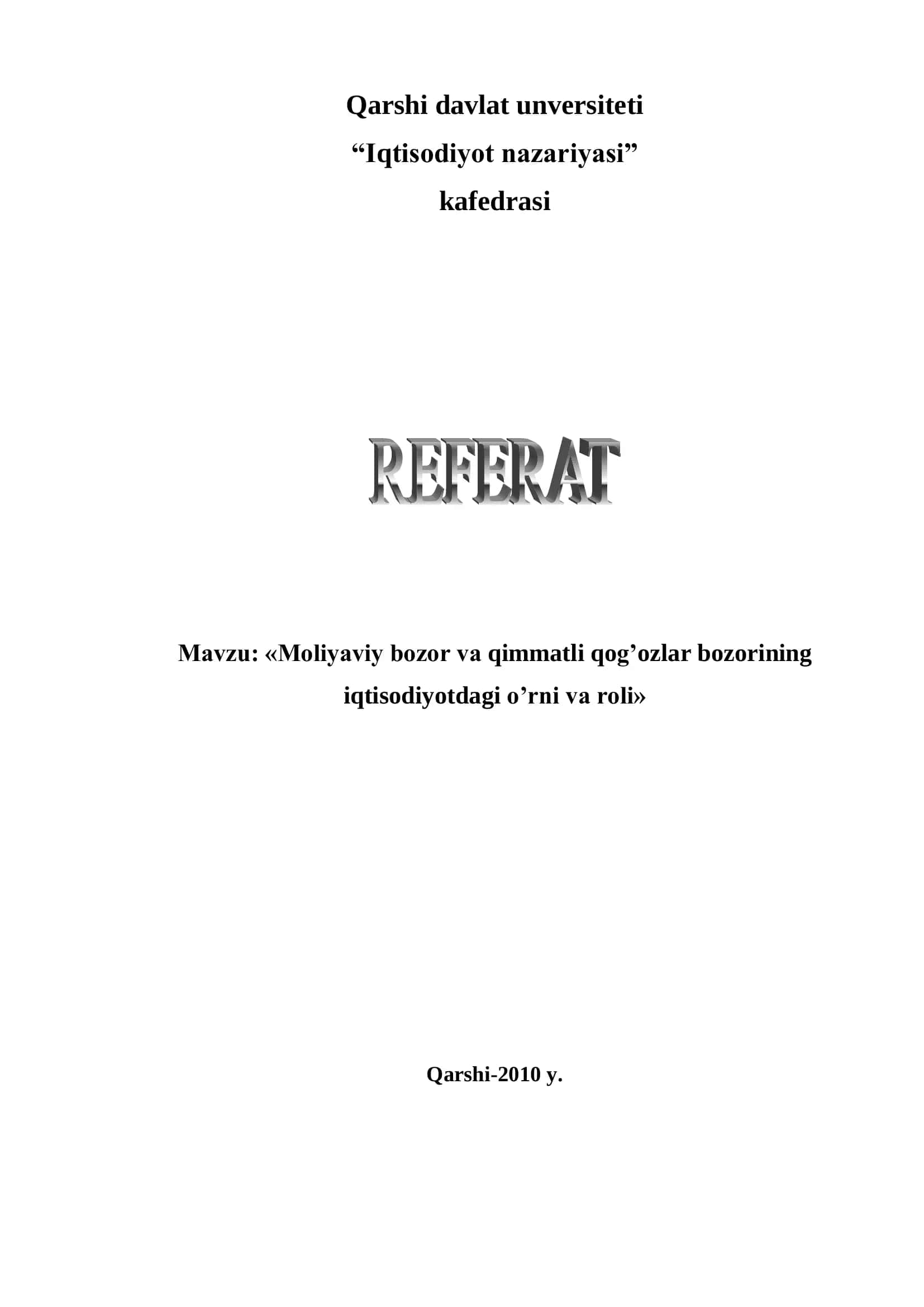 Moliyaviy bozor va qimmatli qog’ozlar bozorining iqtisodiyotdagi o’rni va roli 1
