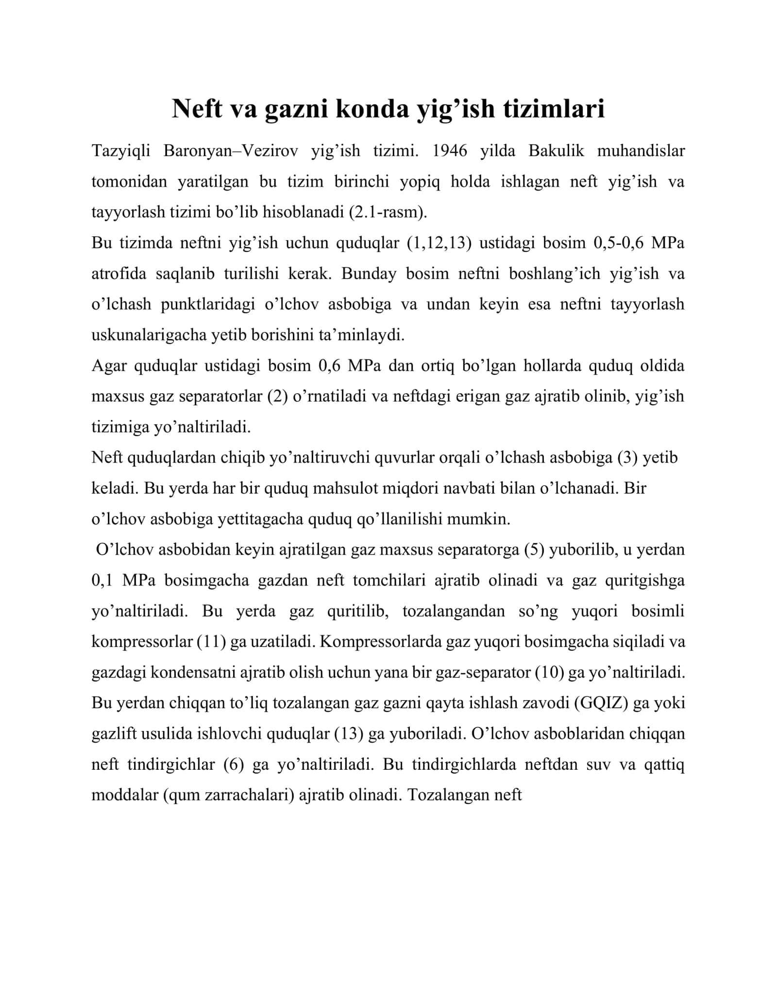 Neft va gazni konda yig’ish tizimlari 1