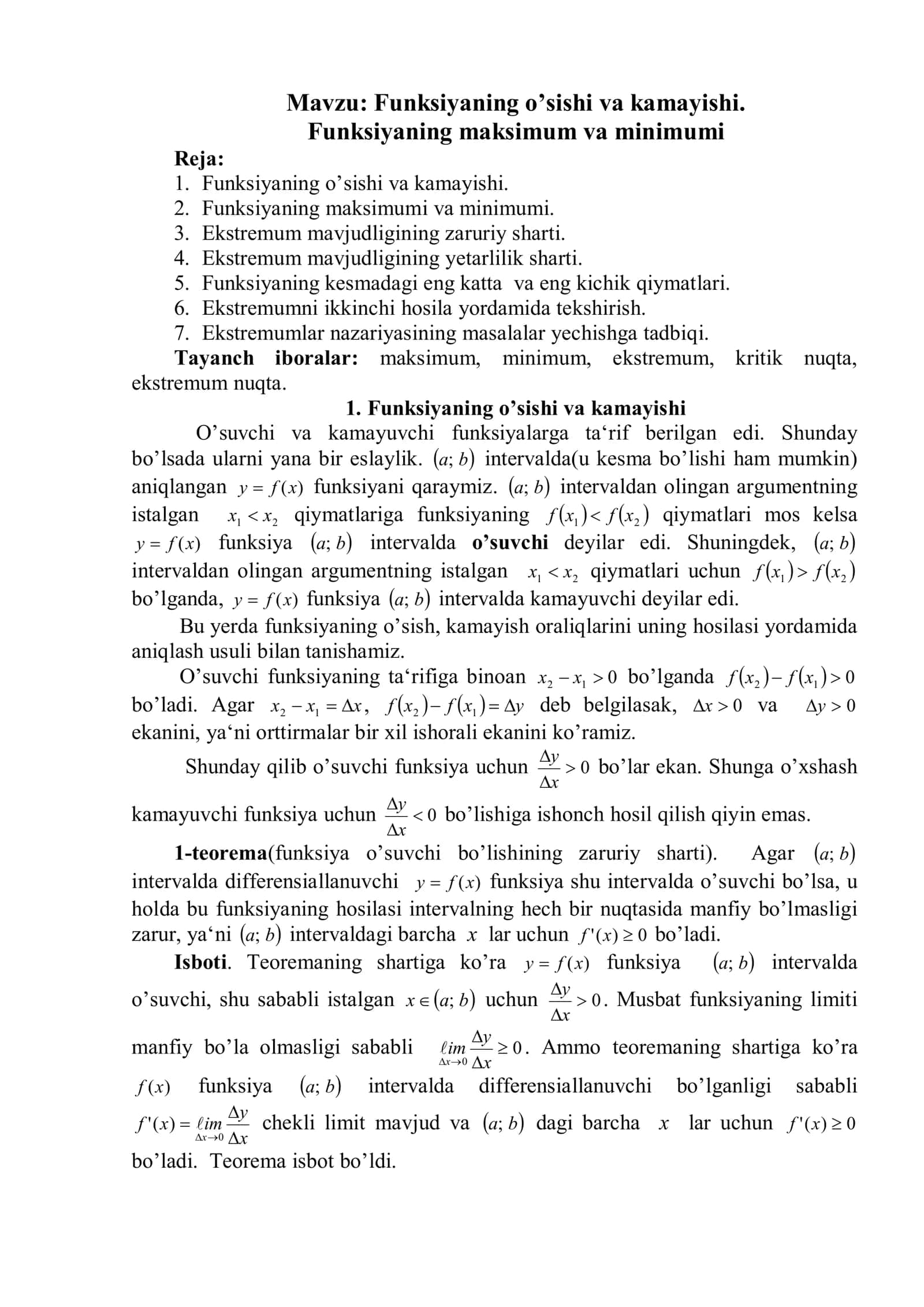 Funksiyaning o’sishi va kamayishi 1