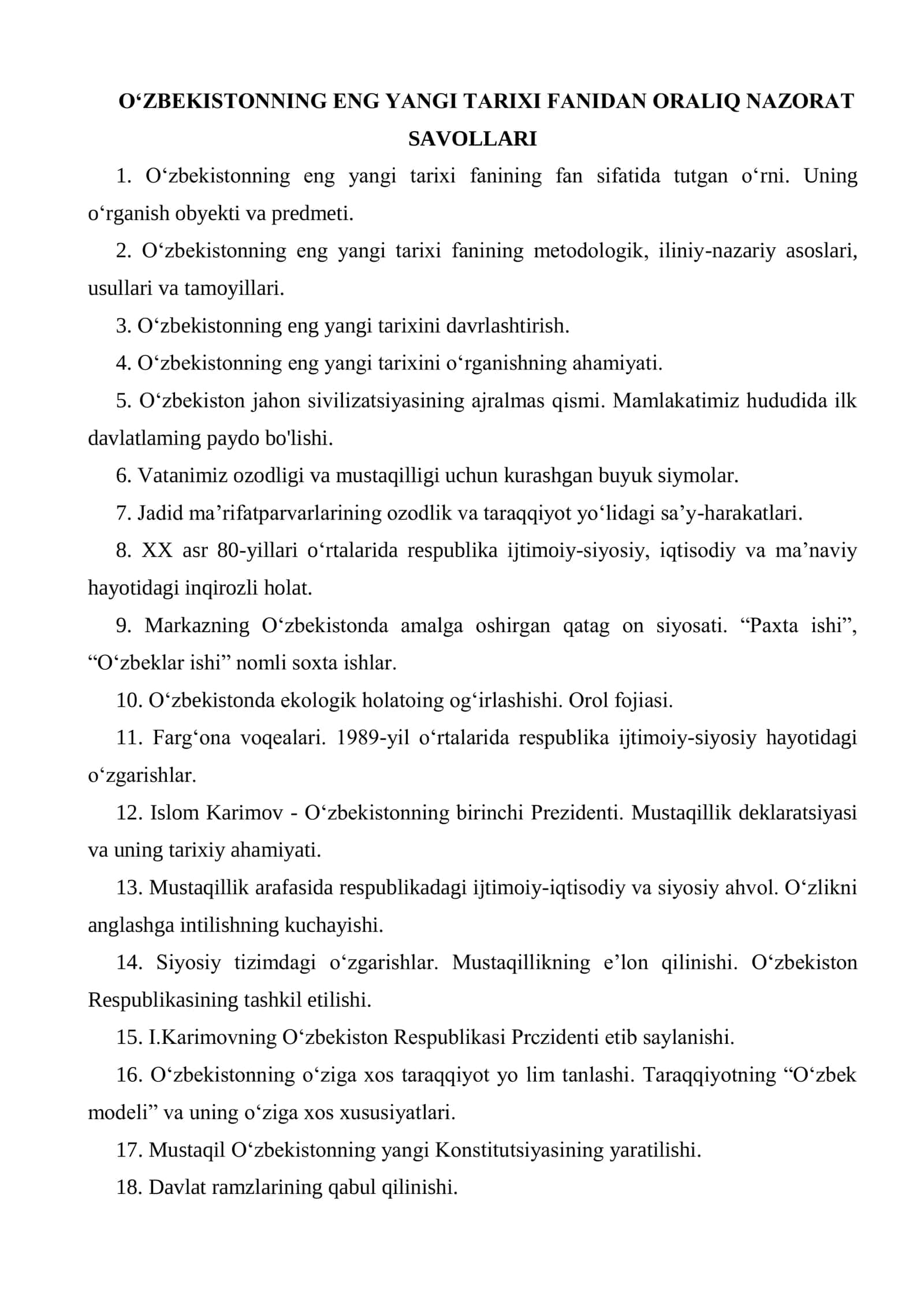 O'ZBEKISTONNING ENG YANGI TARIXI FANIDAN ORALIQ NAZORAT SAVOLLARI 1