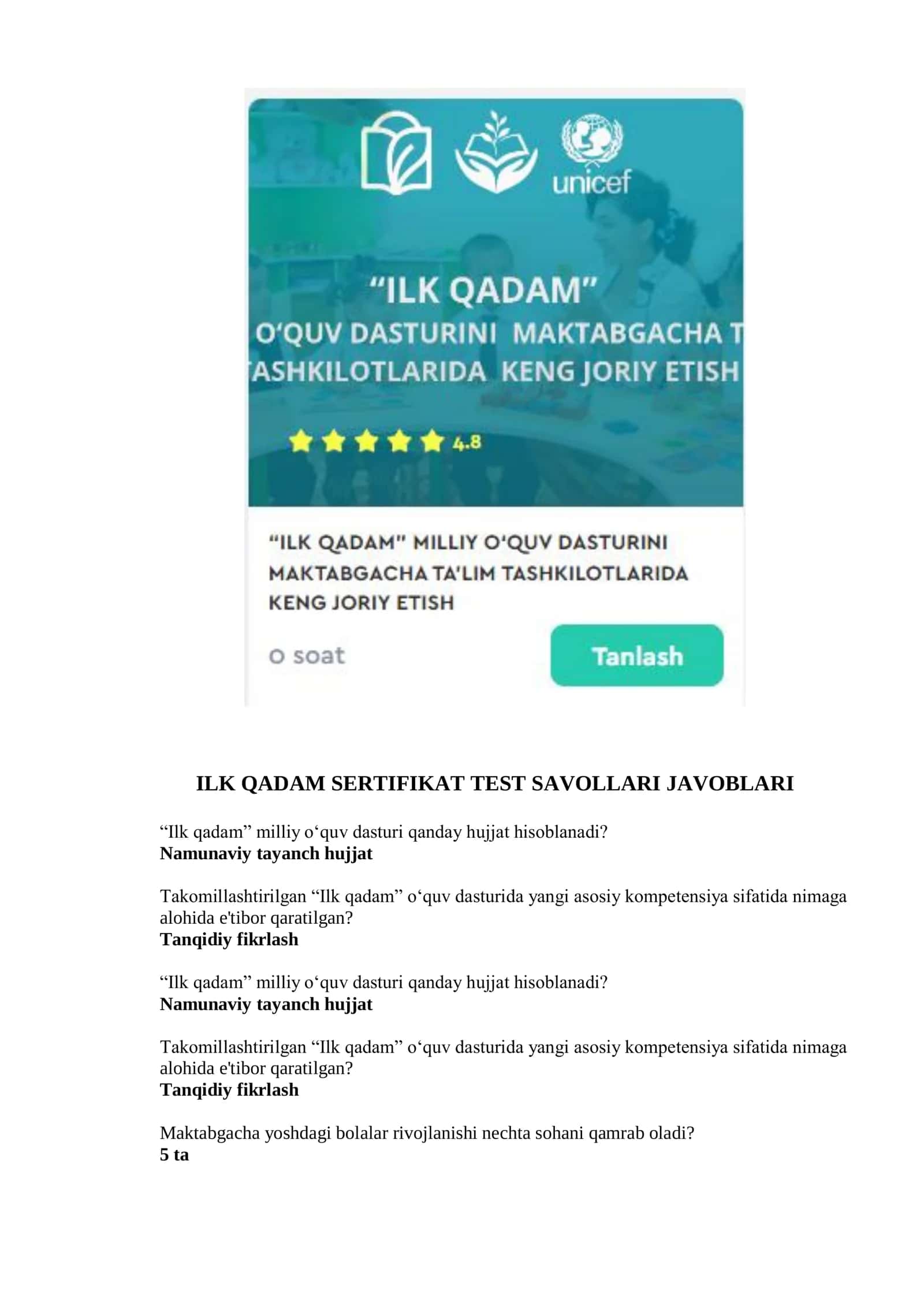 ILK QADAM SERTIFIKAT TEST JAVOBLARI 1