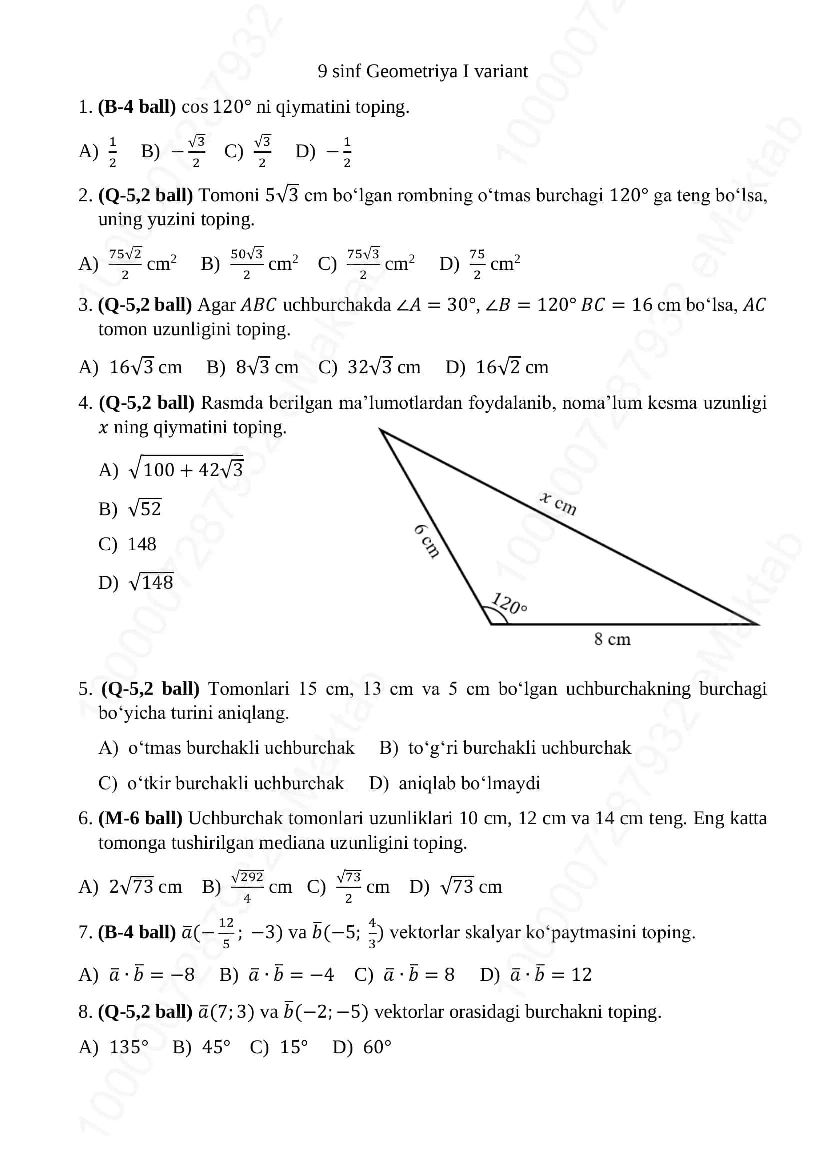 9 sinf Geometriya I variant 1