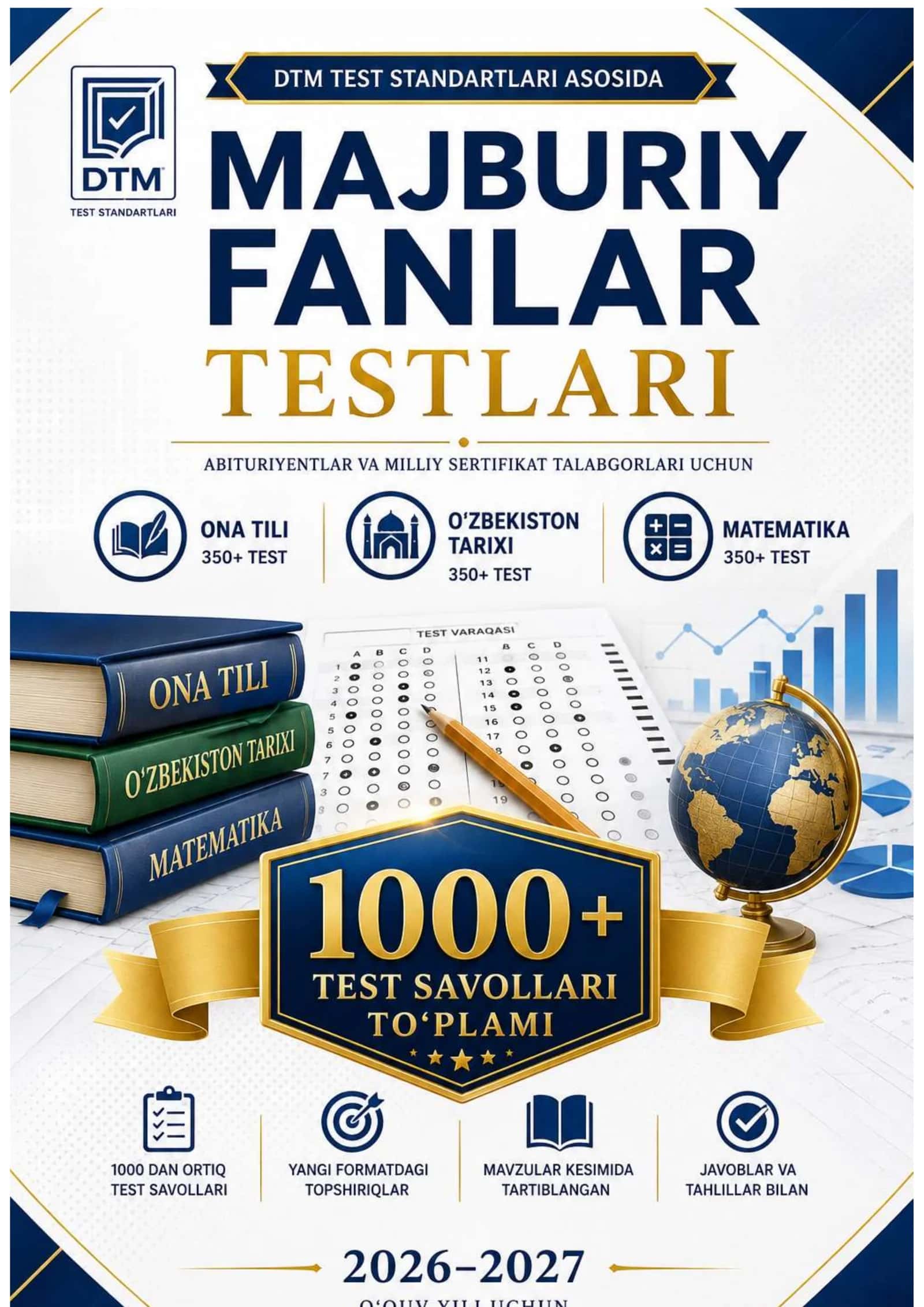 DTM MAJBURIY FANLAR TEST 1000+ 2026 YIL 1