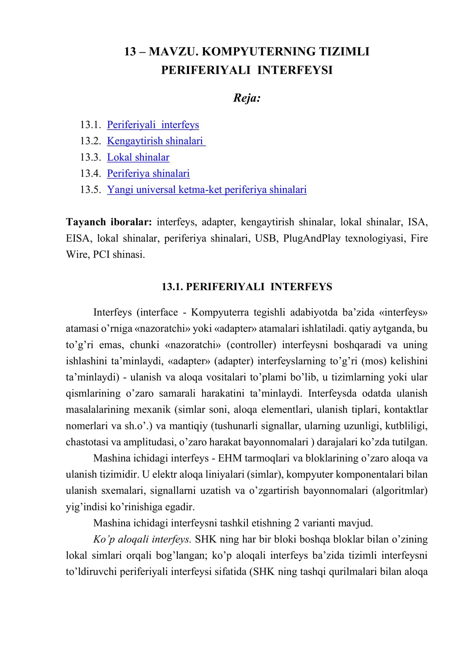 KOMPYUTERNING TIZIMLI PERIFERIYALI INTERFEYSI 1
