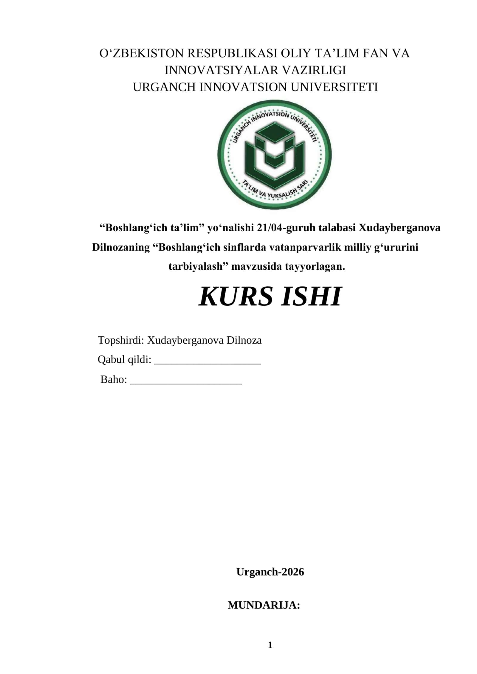 Boshlangʻich sinflarda vatanparvarlik milliy g„ururini tarbiyalash 1