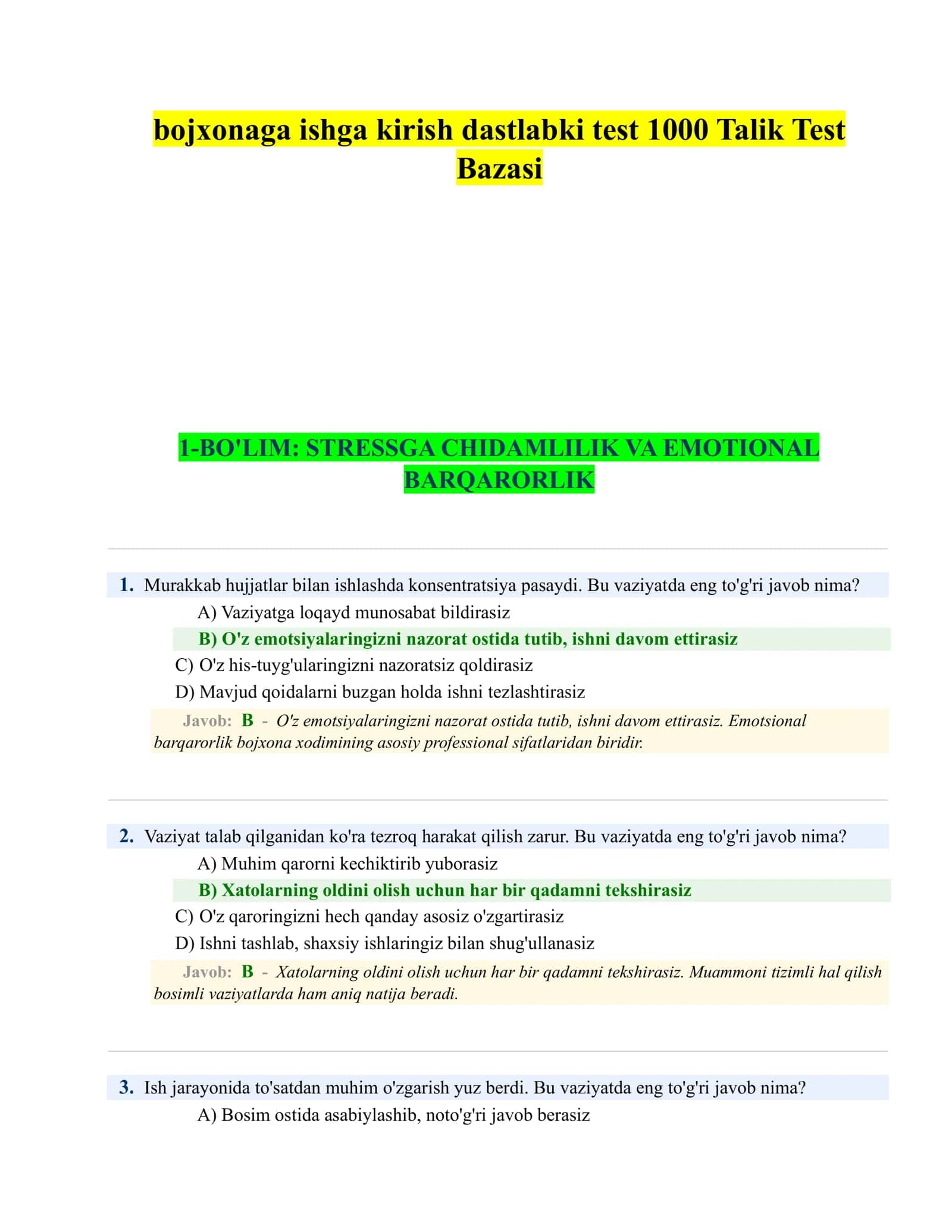 bojxonaga ishga kirish dastlabki test 1000 Talik Test Bazasi 1