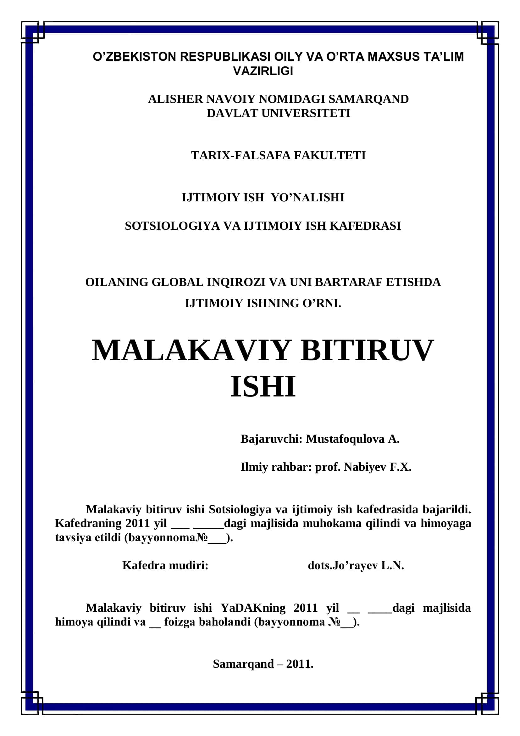 OILANING GLOBAL INQIROZI VA UNI BARTARAF ETISHDA IJTIMOIY ISHNING O’RNI 1