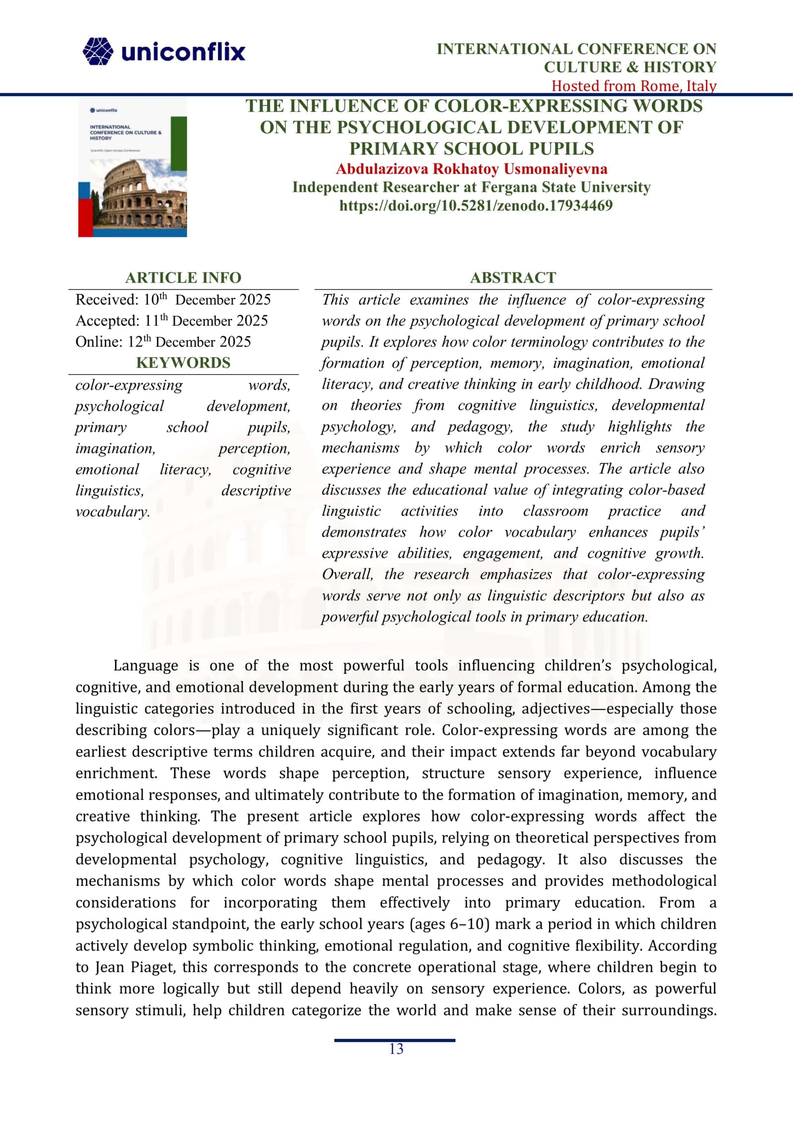 THE INFLUENCE OF COLOR-EXPRESSING WORDS ON THE PSYCHOLOGICAL DEVELOPMENT OF PRIMARY SCHOOL PUPILS 1