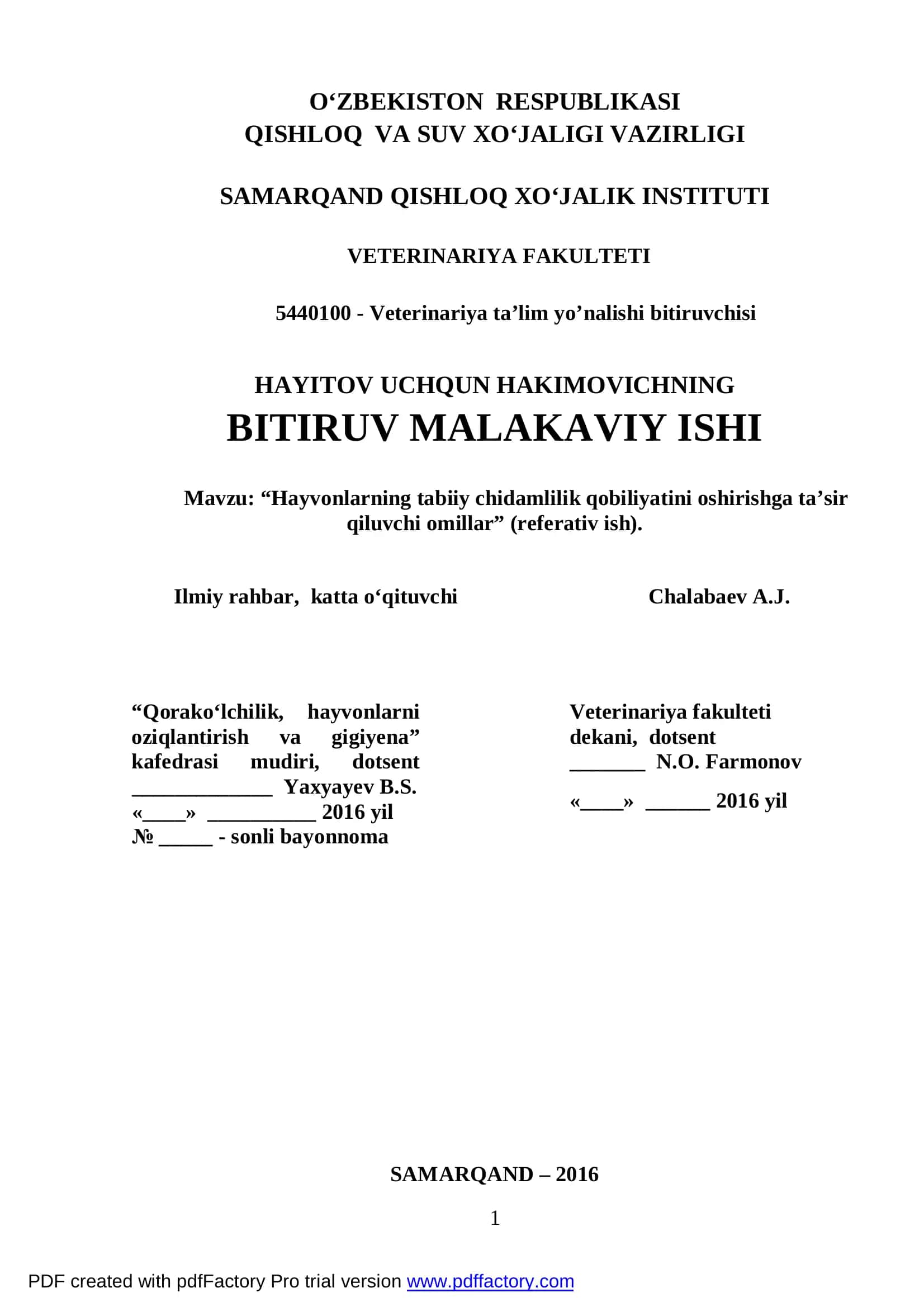 Veterinariya ta’lim yo’nalishi bitiruvchisi 1