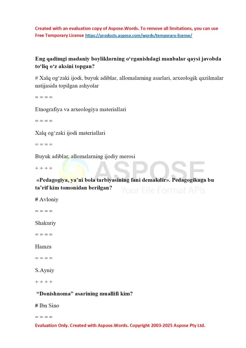 Tarixiy va pedagogik savol-javoblar to‘plami 1