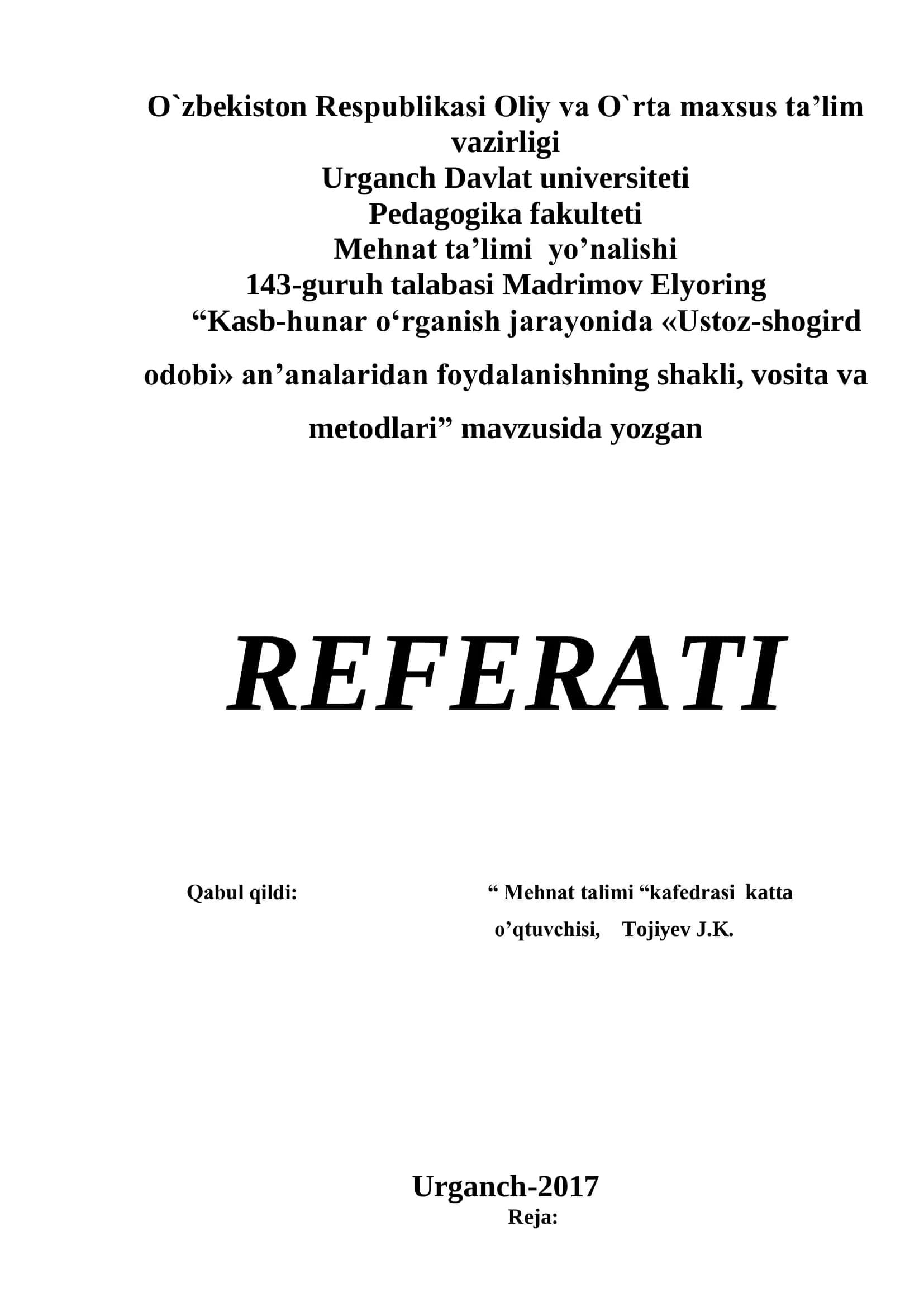 Kasb-hunar o'rganish jarayonida «Ustoz-shogird odobi» an'analari 1