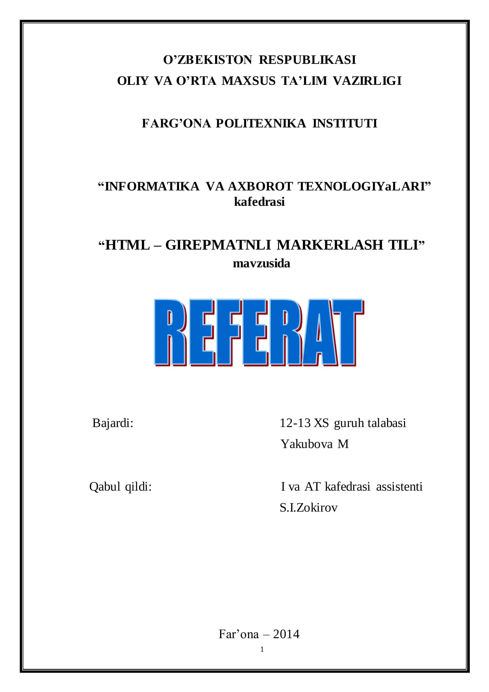 HTML – GIREPMATNLI MARKERLASH TILI 1