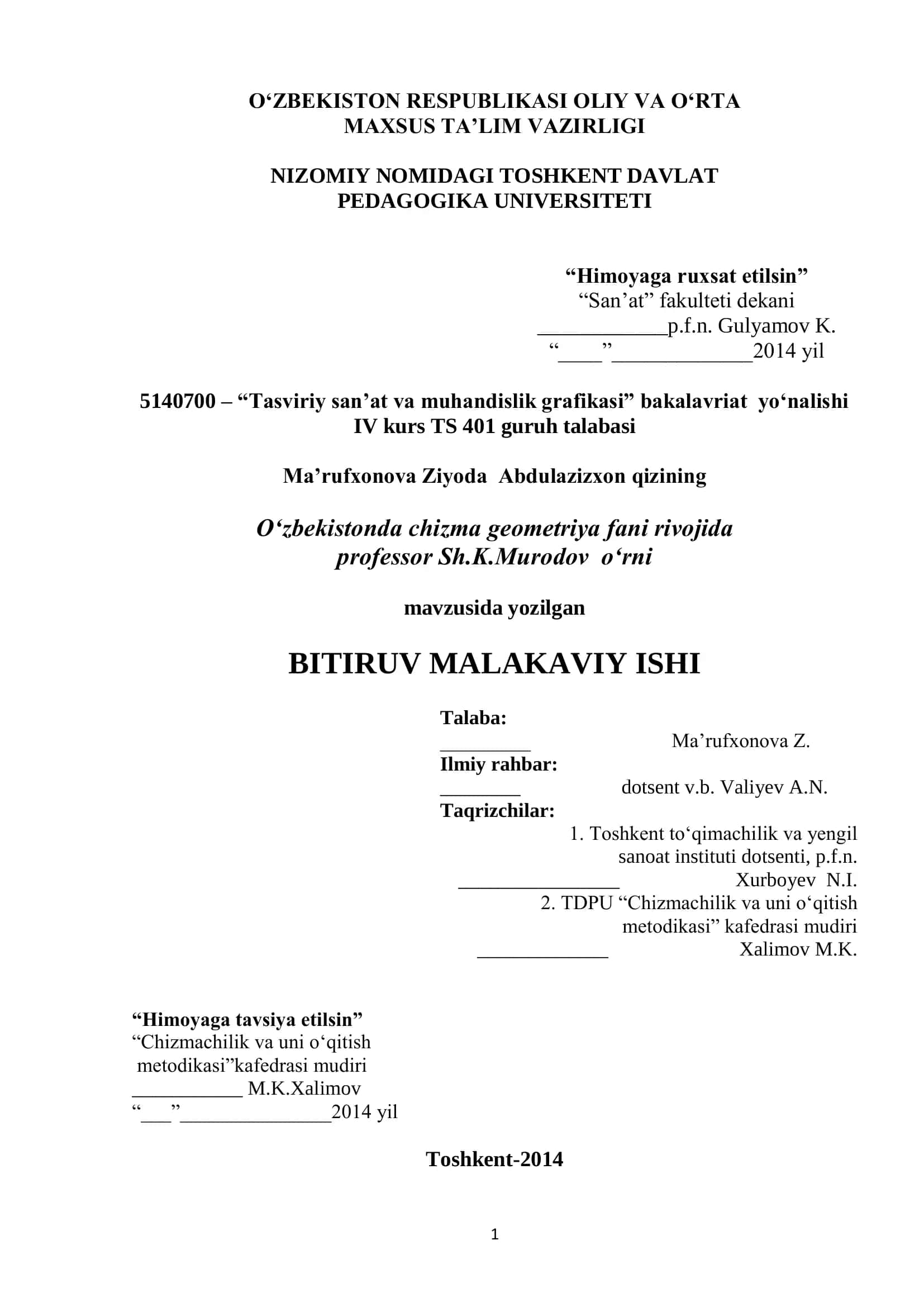 O„ZBEKISTON RESPUBLIKASI OLIY VA O„RTA MAXSUS TA‟LIM VAZIRLIGI NIZOMIY NOMIDAGI TOSHKENT DAVLAT PEDAGOGIKA UNIVERSITETI 1