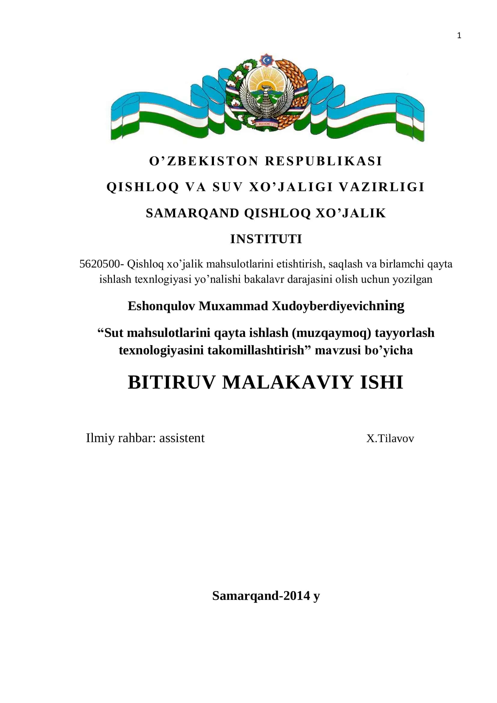 Sut mahsulotlarini qayta ishlash (muzqaymoq) tayyorlash texnologiyasini takomillashtirish 1
