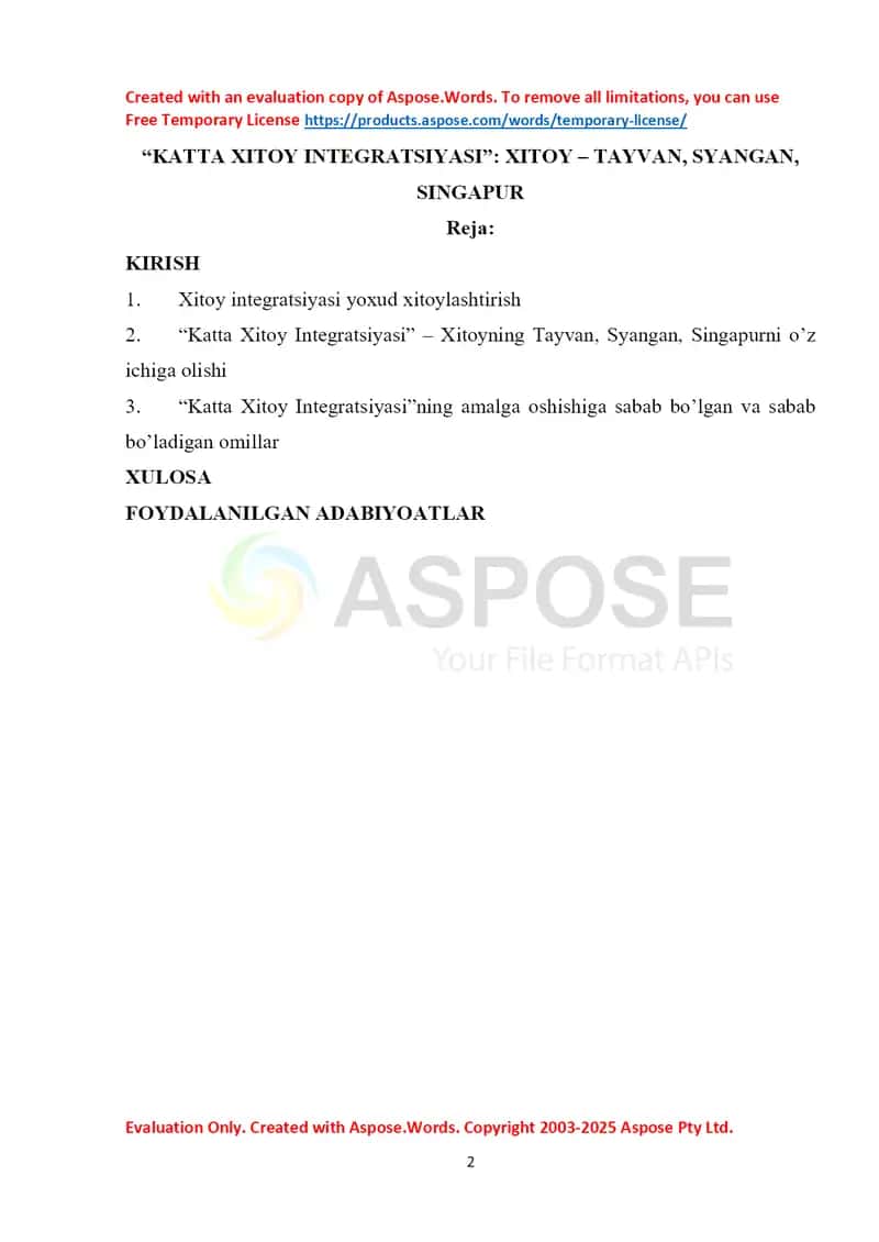 Kurs loyiha “Katta Xitoy Integratsiyasi”: Xitoy – Tayvan, Syangan, Singapur 1