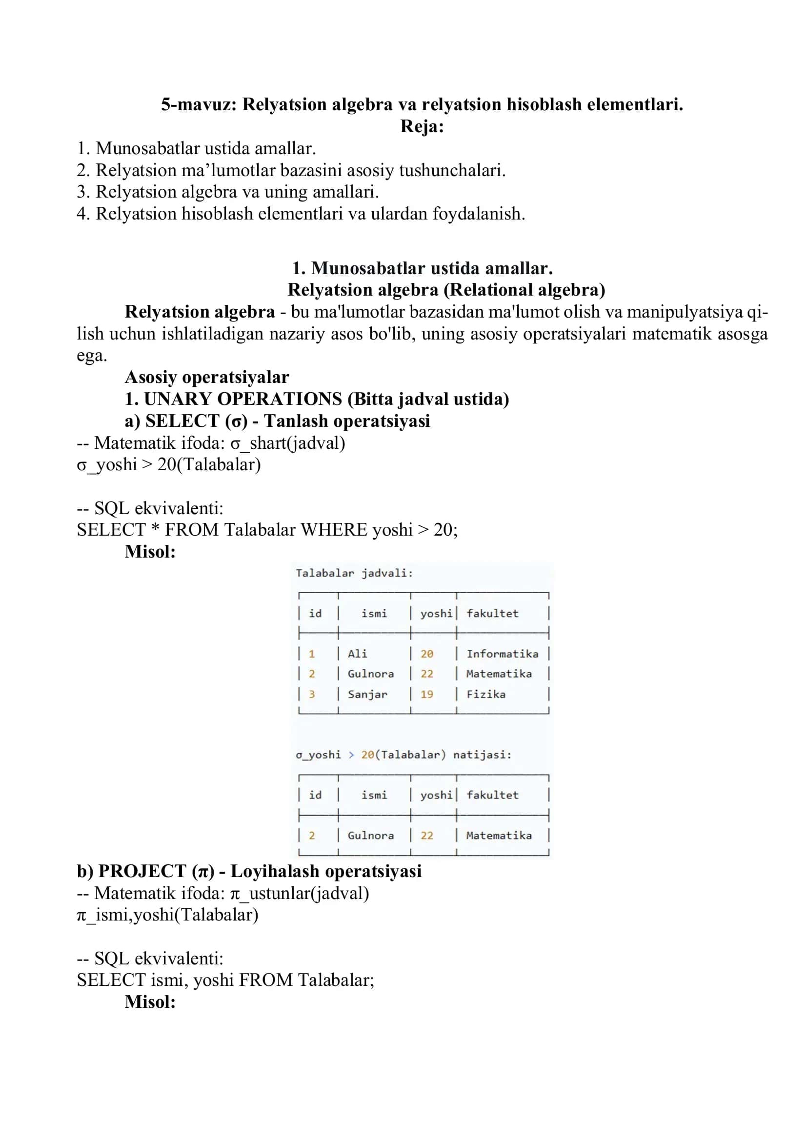 Relyatsion algebra va relyatsion hisoblash elementlari 1