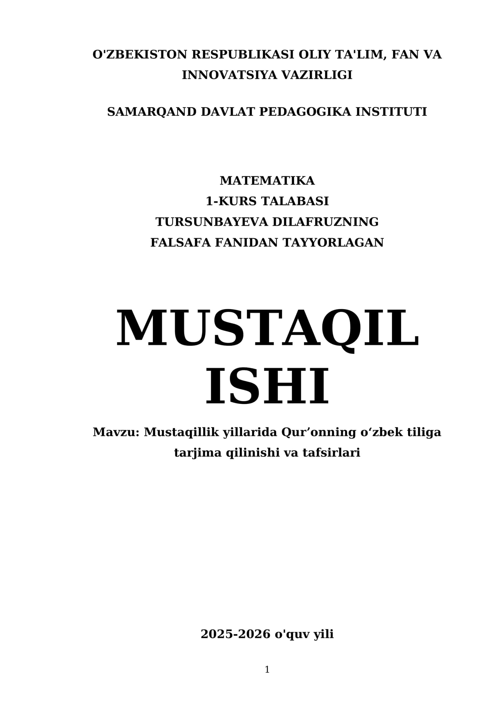 Mustaqillik yillarida Qurʼonning oʻzbek tiliga tarjima qilinishi va tafsirlari 1