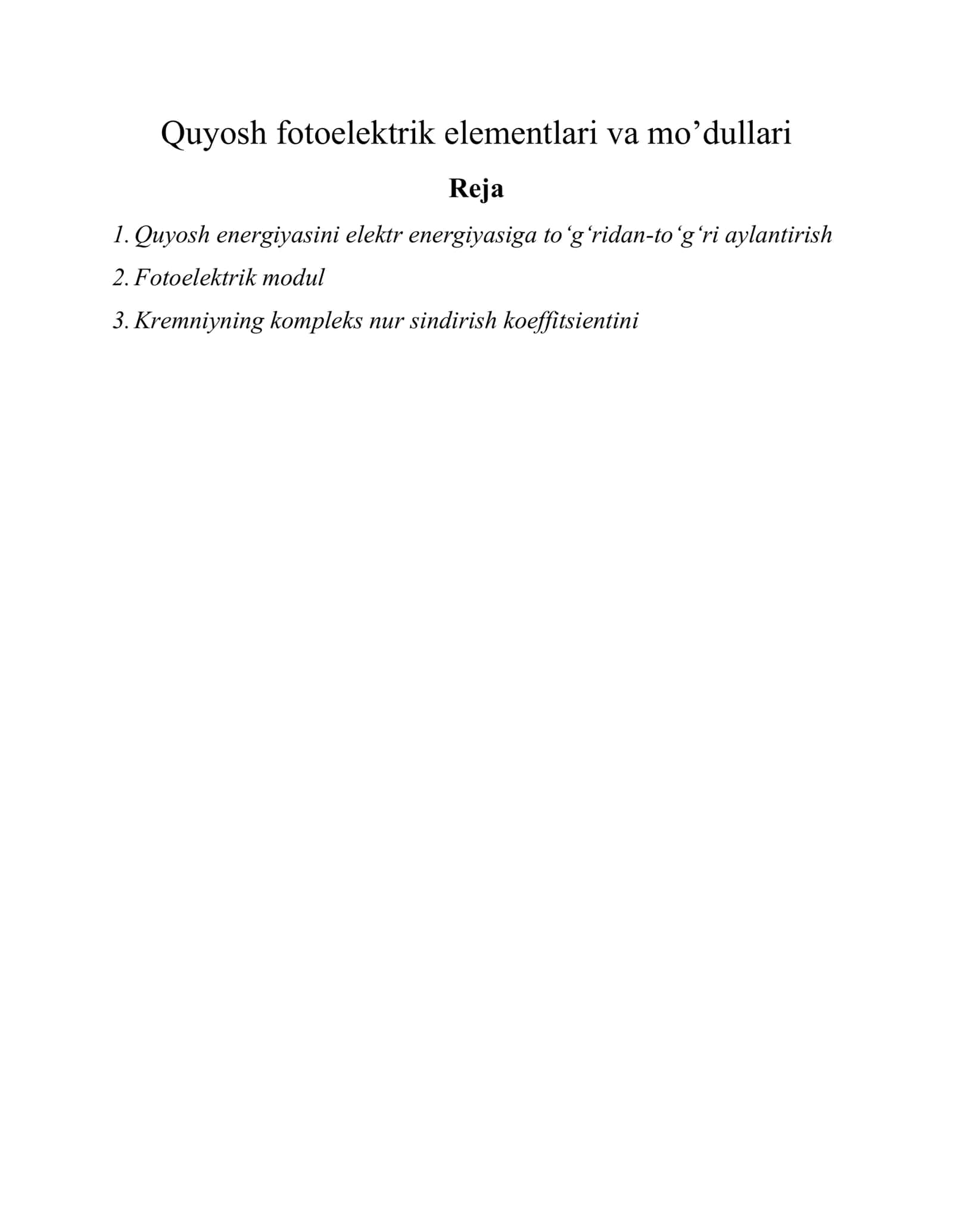 Quyosh fotoelektrik elementlari va mo’dullari 1