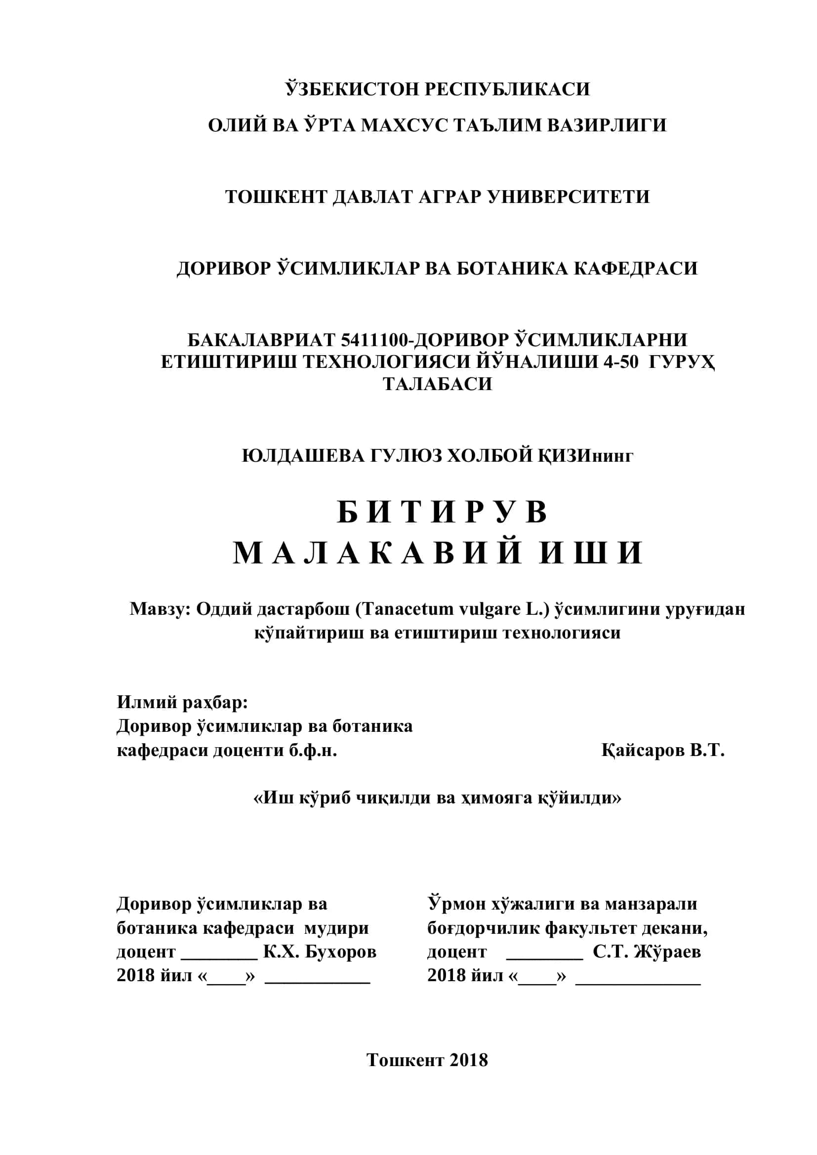 Оддий дастарбош (Tanacetum vulgare L.) ўсимлигини уруғини кўпайтириш ва етиштириш технологияси 1