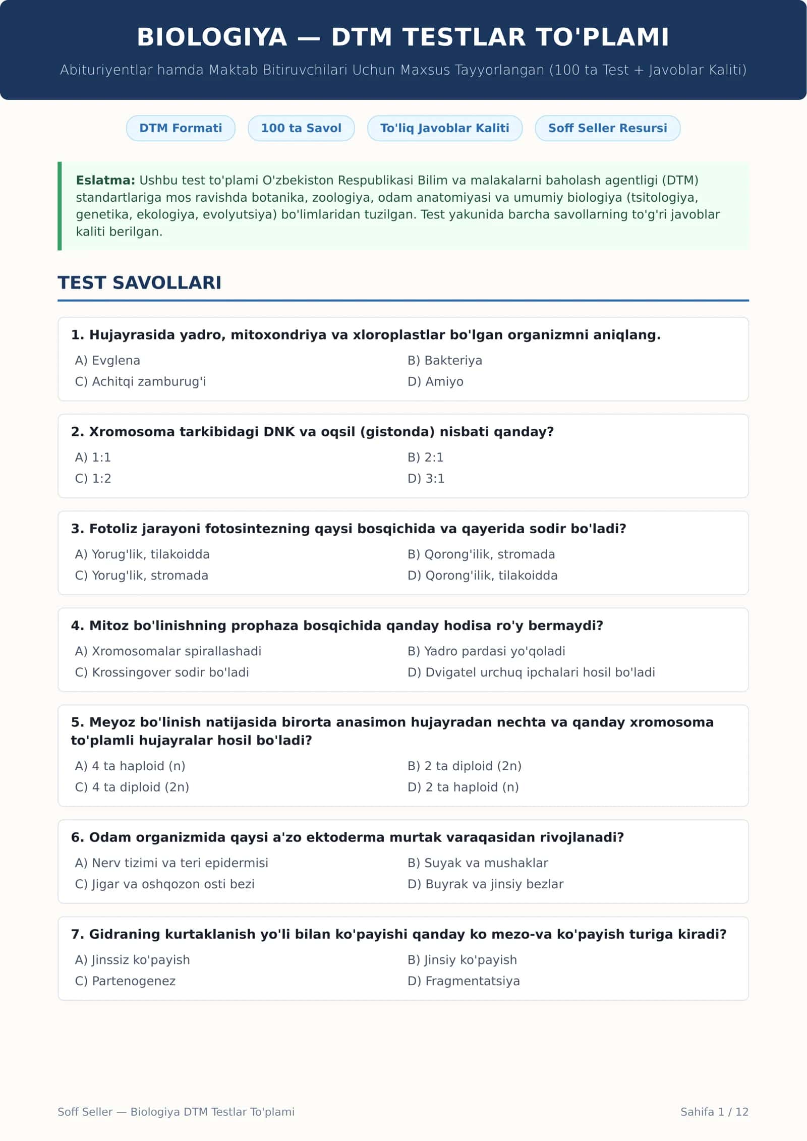 BIOLOGIYA — DTM TESTLAR TO'PLAMI 1