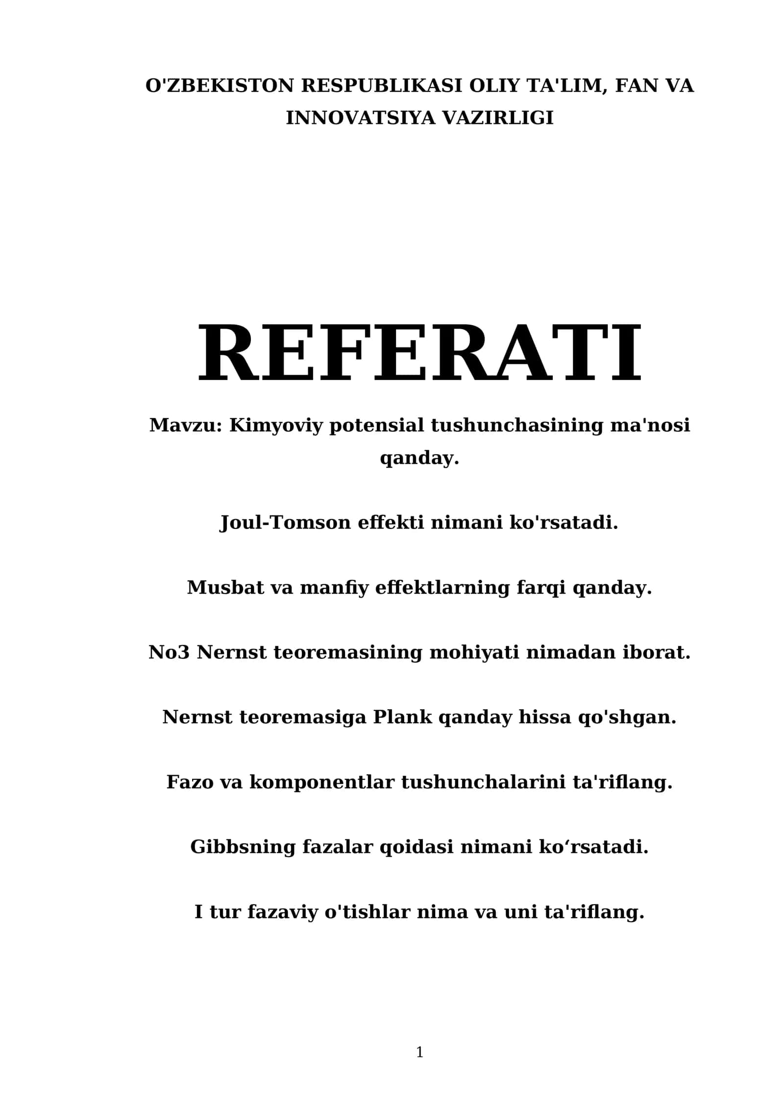 Kimyoviy potensial tushunchasining ma'nosi qanday. Joul-Tomson effekti nimani ko'rsatadi 1