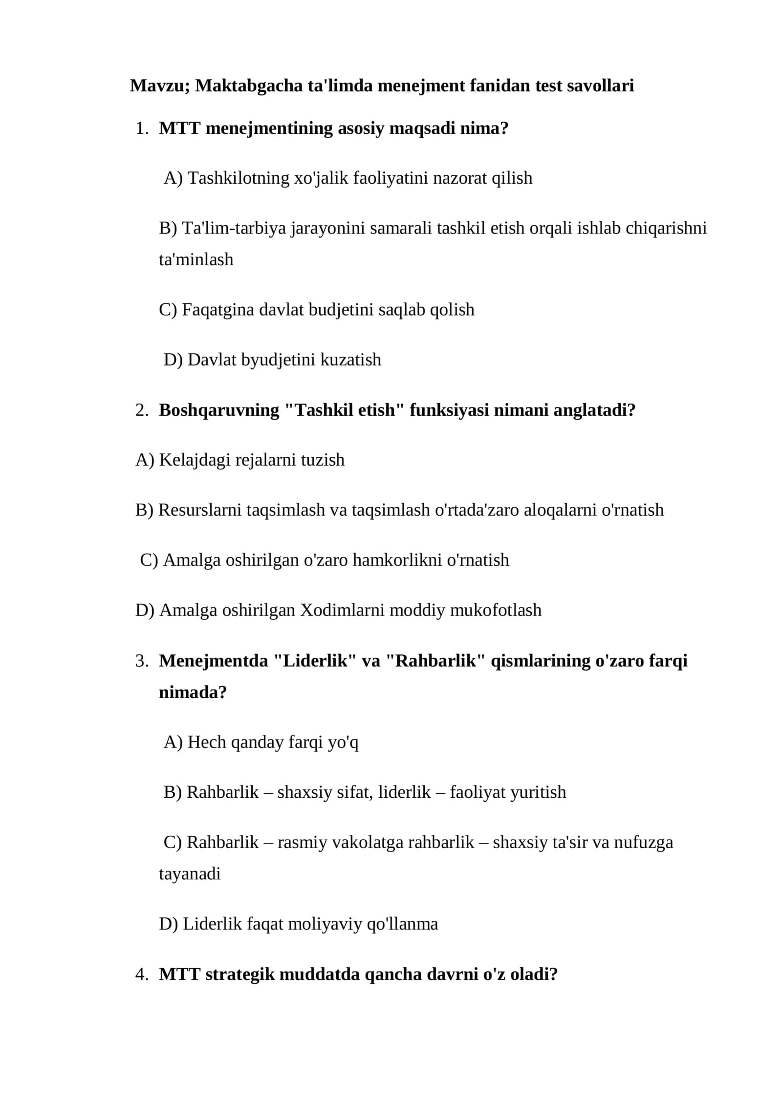 Maktabgacha ta'limda menejment fanidan test savollari 1