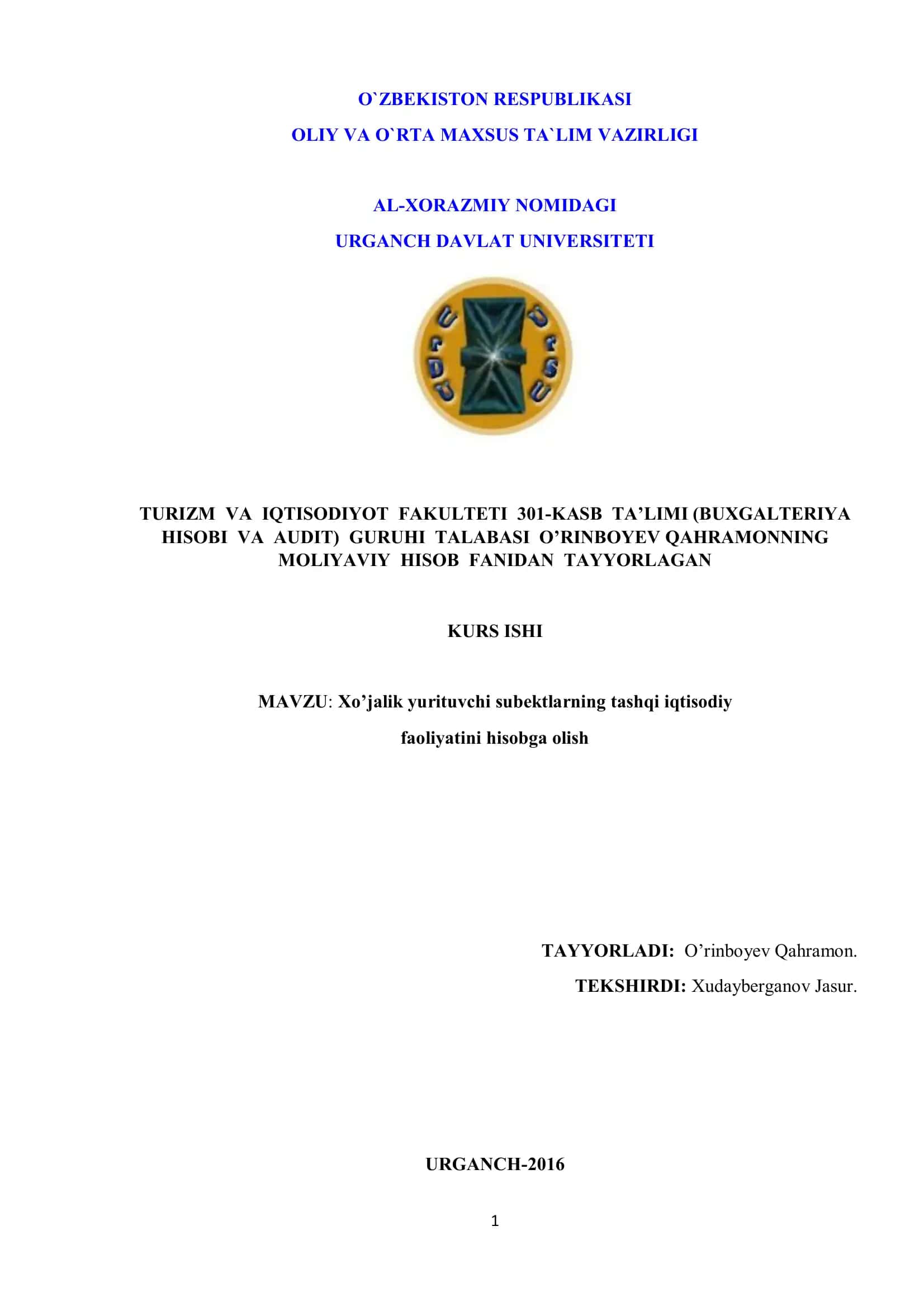 Xo’jalik yurituvchi subektlarning tashqi iqtisodiy faoliyatini hisobga olish 1