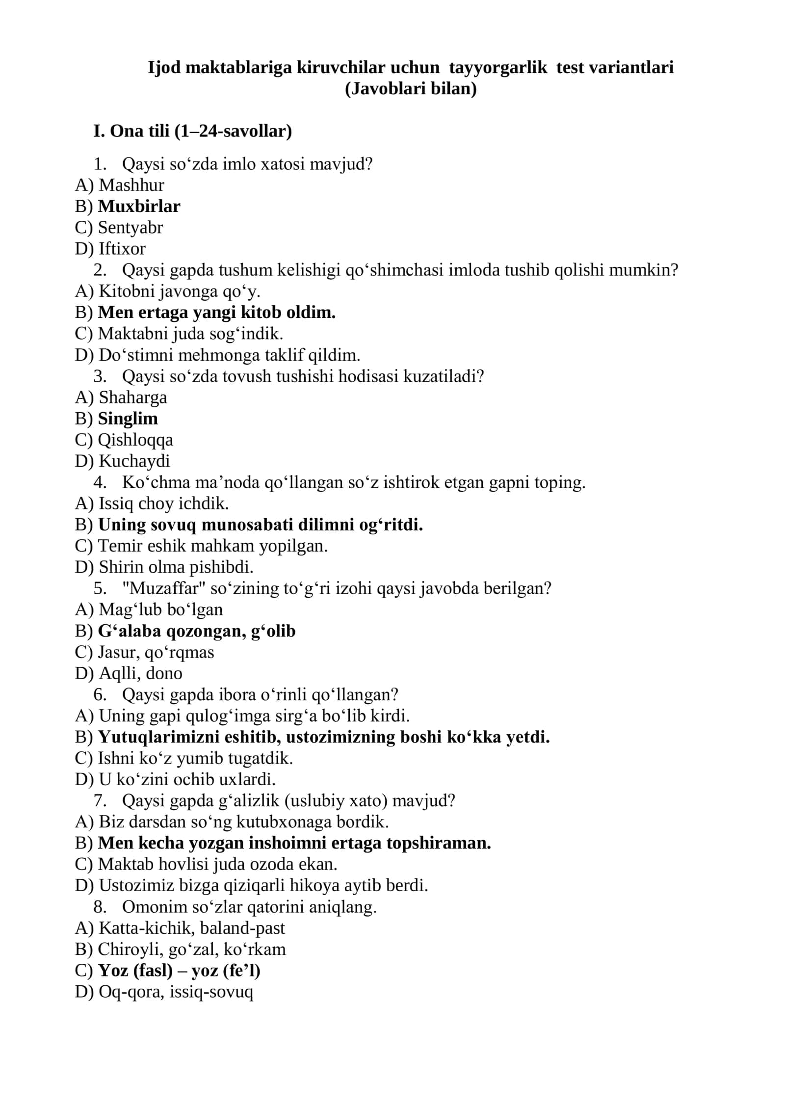 Ijod maktablariga kiruvchilar uchun tayyorgarlik test variantlari (Javoblari bilan) 1