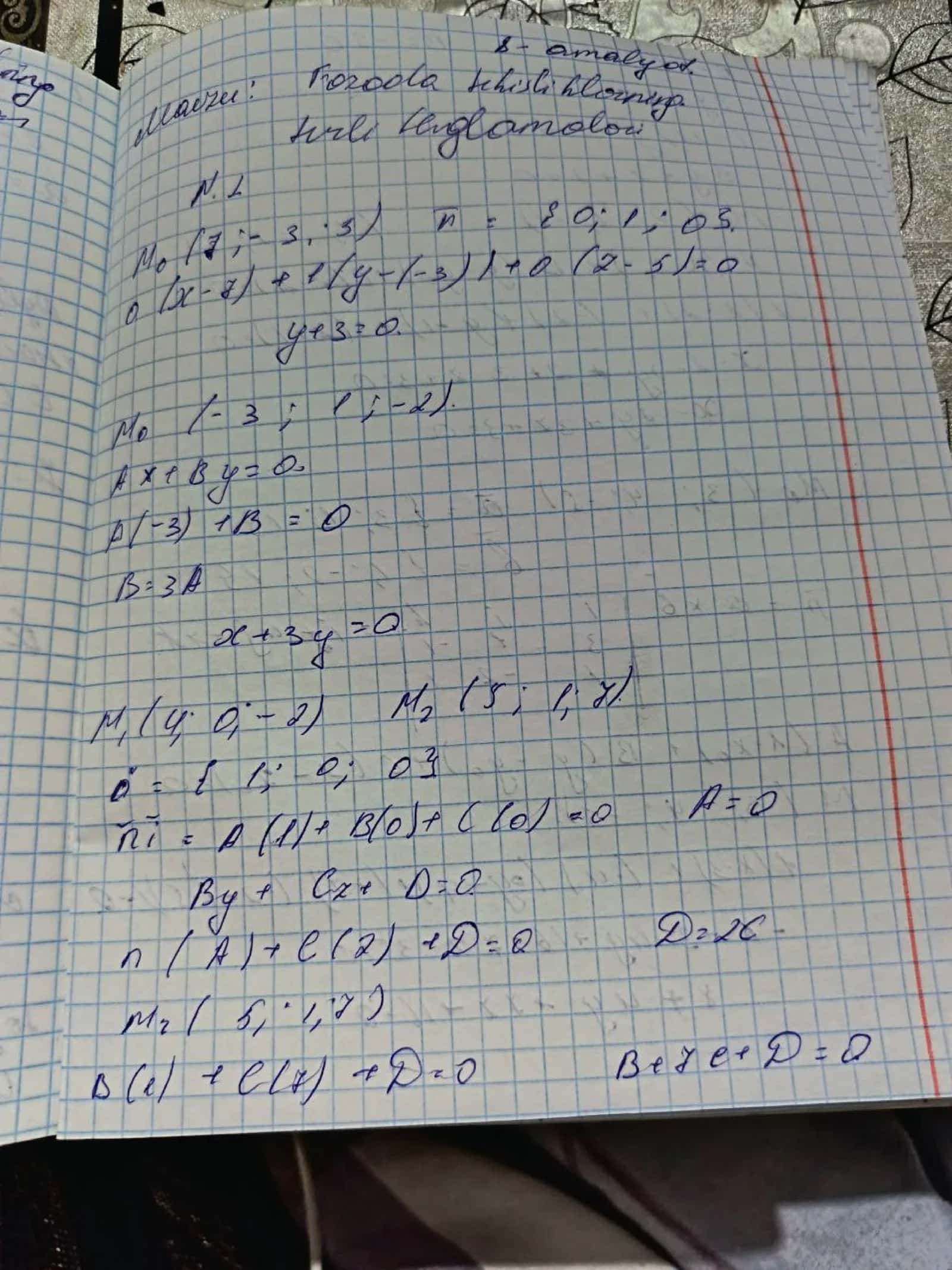 Fazoda tekislikning turli tenglamalari bo'yicha misollar 1