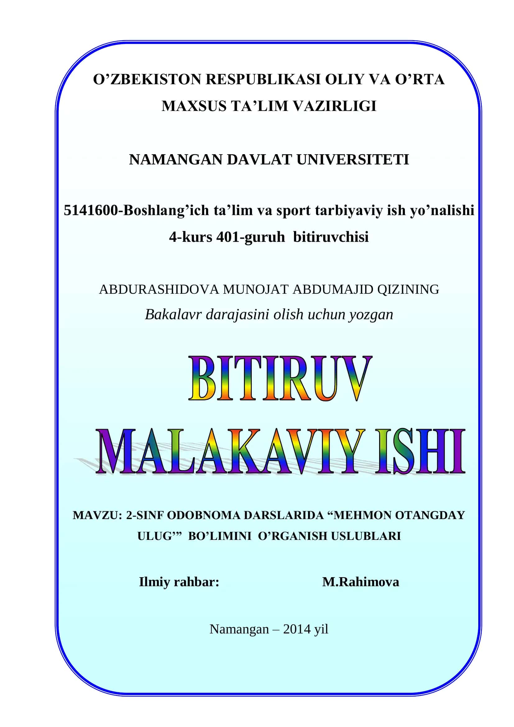 2-SINF ODOBNOMA DARSLARIDA “MEHMON OTANGDAY ULUG’” BO’LIMINI O’RGANISH USLUBLARI 1