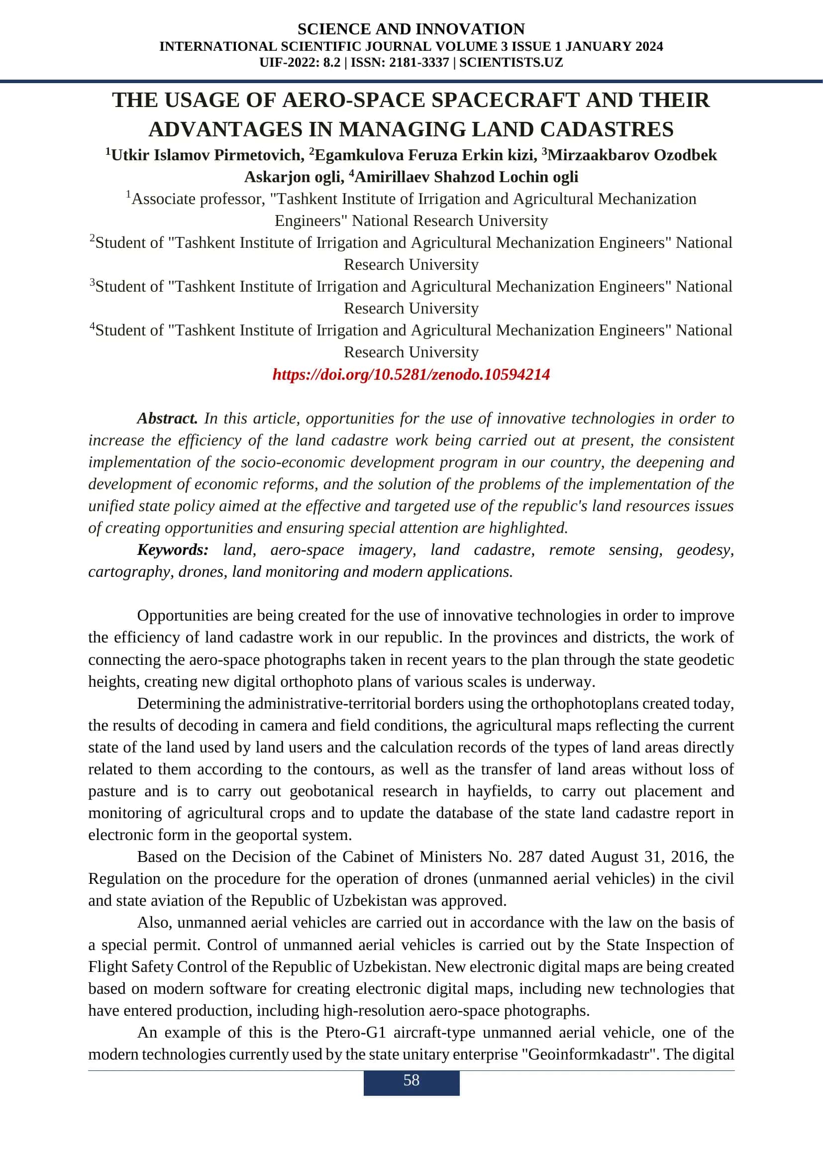 The Usage of Aero-Space Spacecraft and Their Advantages in Managing Land Cadastres 1