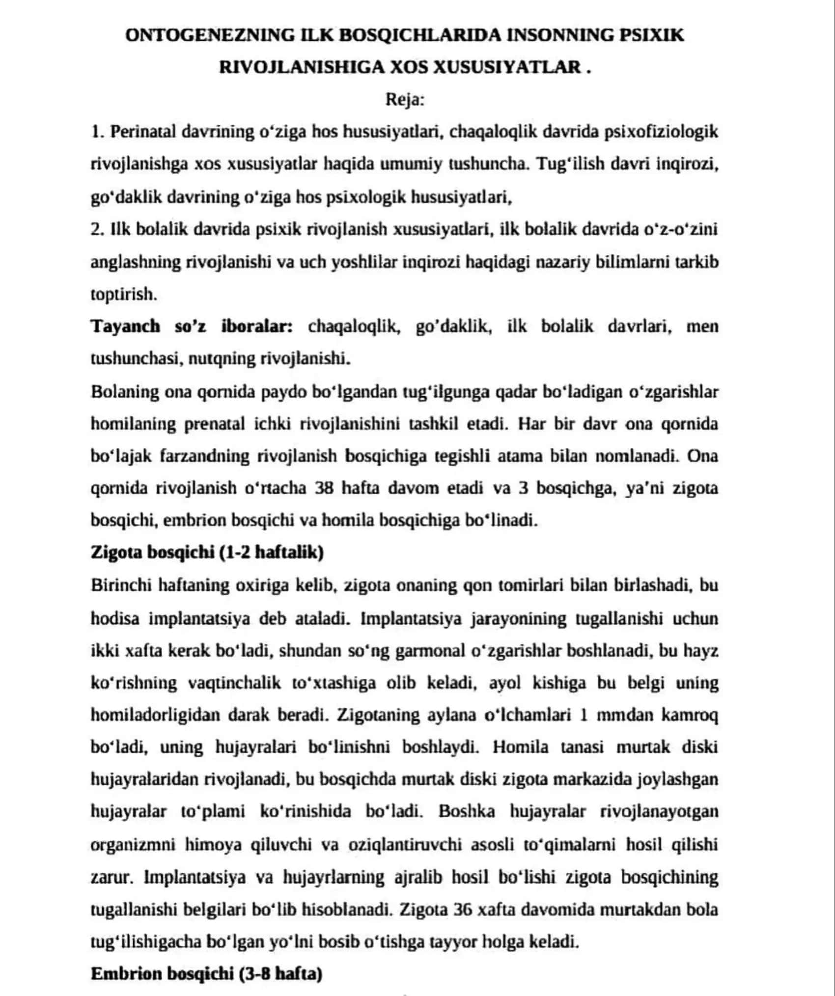 Ontogenezning ilk bosqichlarida insonning psixik rivojlanishiga xos xususiyatlari 1