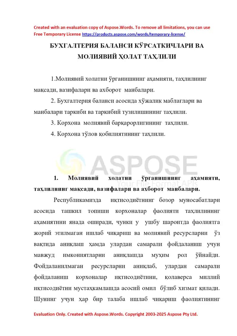 БУХГАЛТЕРИЯ БАЛАНСИ КЎРСАТКИЧЛАРИ ВА МОЛИЯВИЙ ҲОЛАТ ТАҲЛИЛИ 1