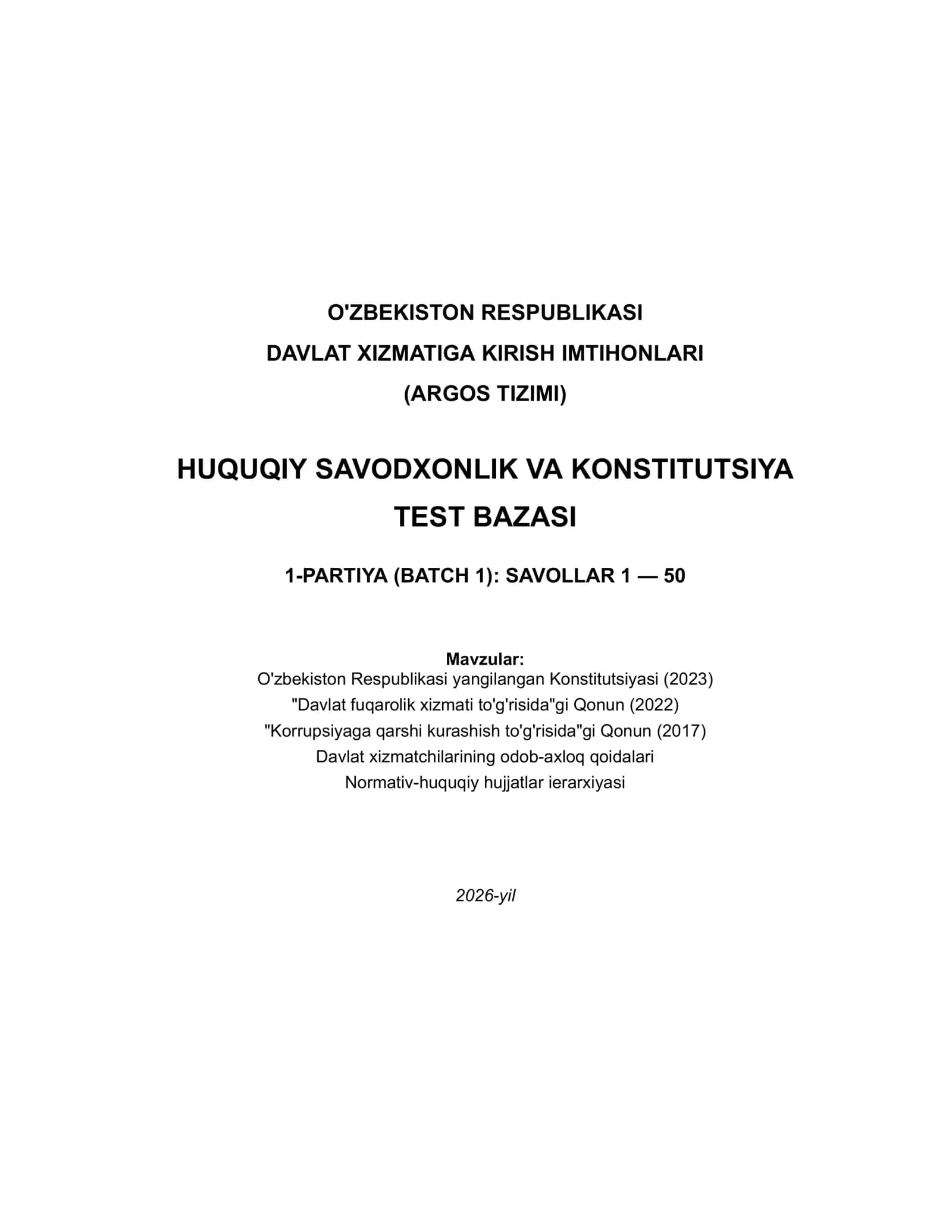 Argos Huquqiy Savodxonlik 2026 — 50 ta Professional Test 1