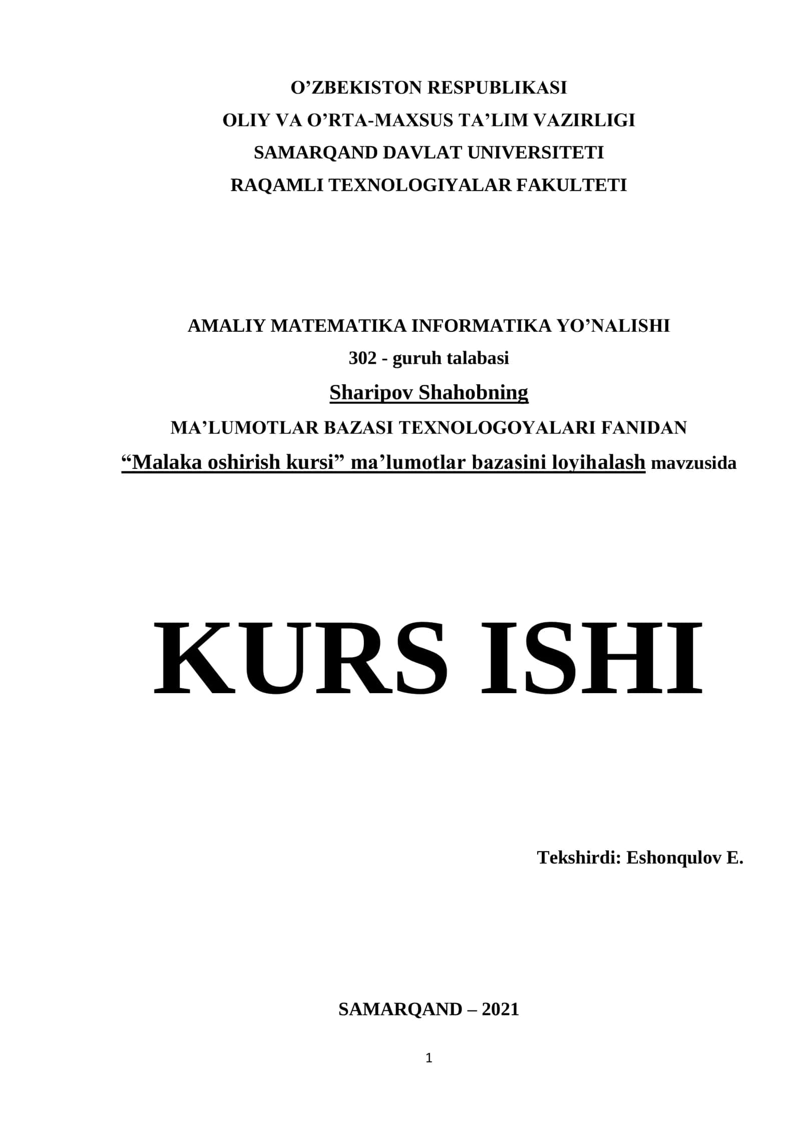 Malaka oshirish kursi ma'lumotlar bazasini loyihalash 1