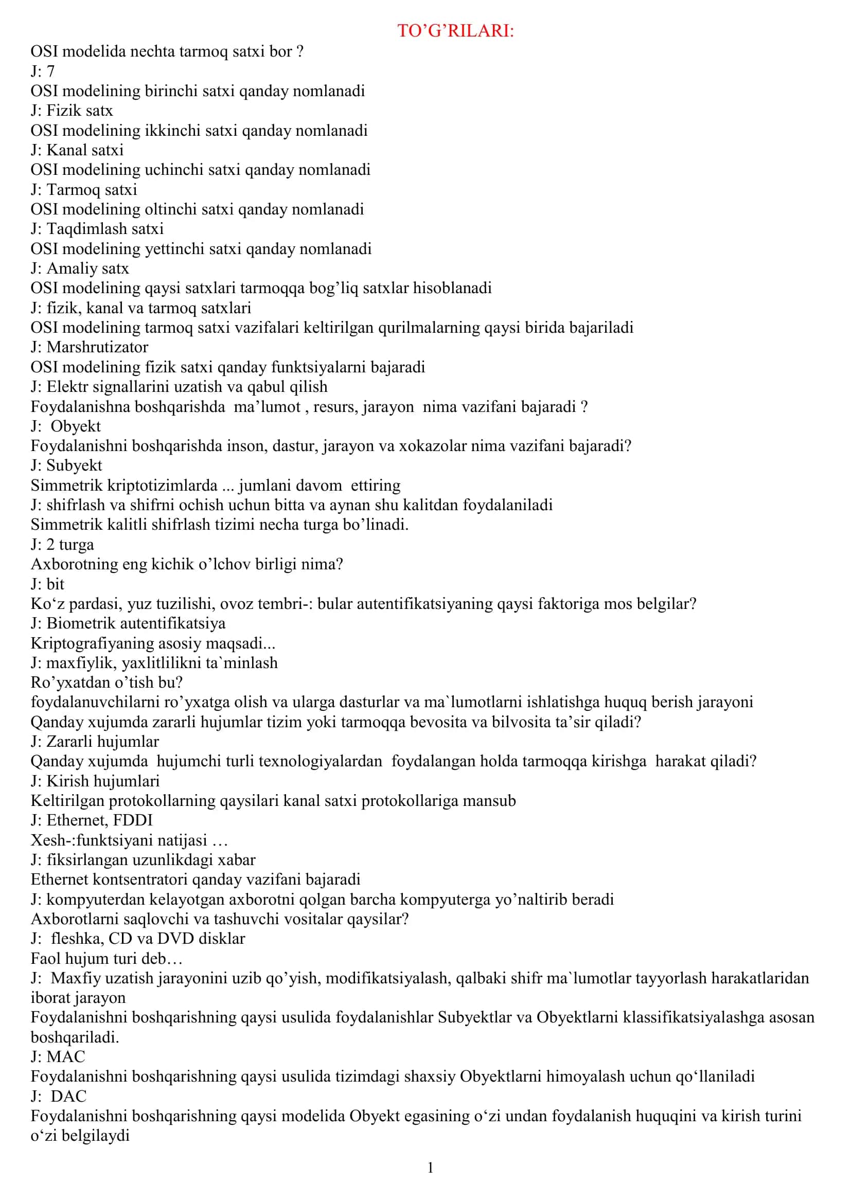Kiberxavfsizlik asoslari test savollari javoblari 1