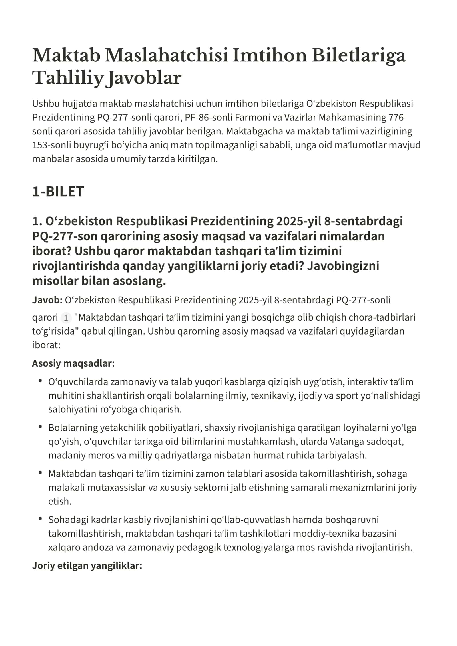 Maktab Maslahatchisi Imtihon Biletlariga Javoblar 1