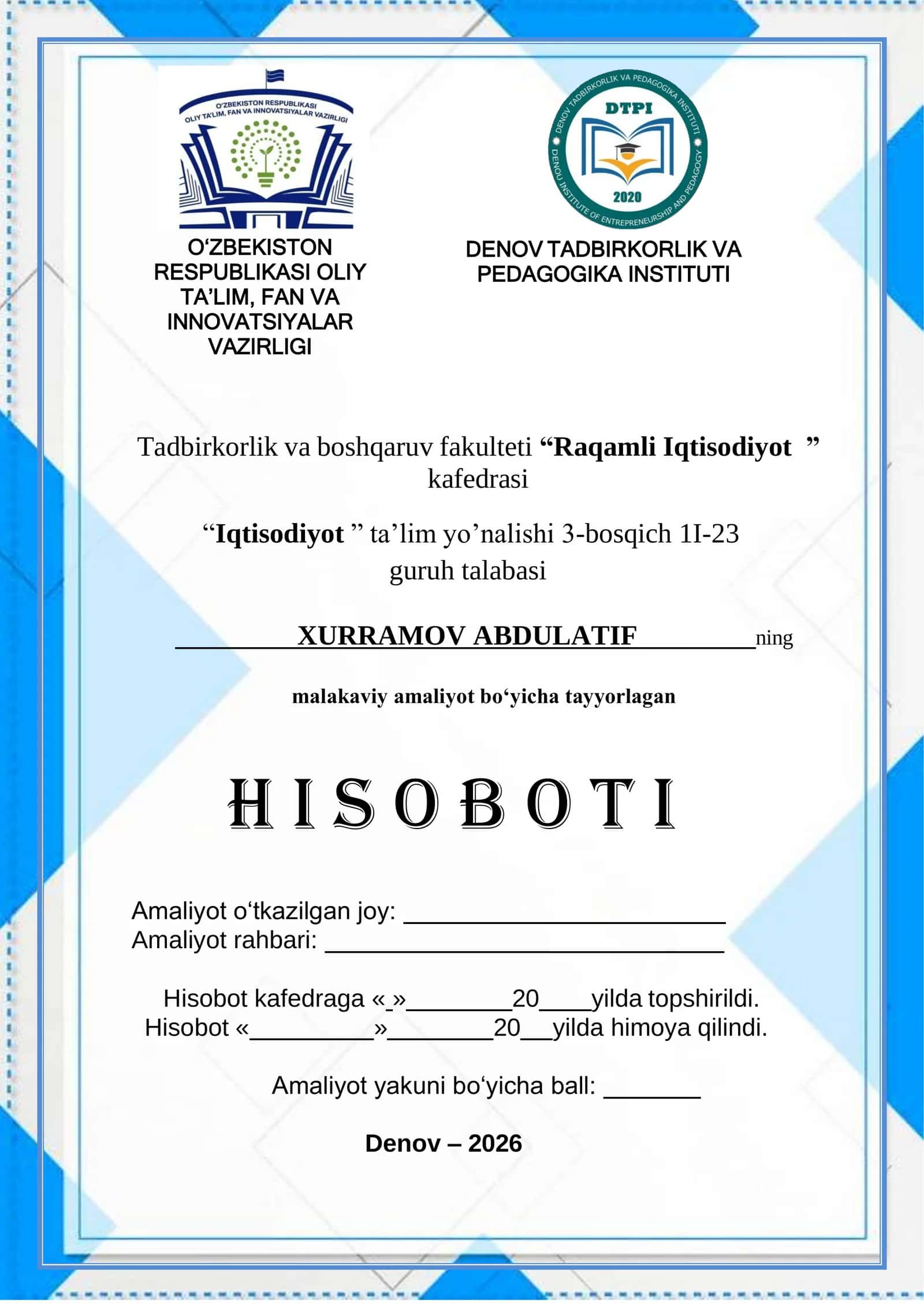 “AGROBANK” AKSIYADORLIK TIJORAT BANKINING TASHKIL TOPISHI denov filiali 1