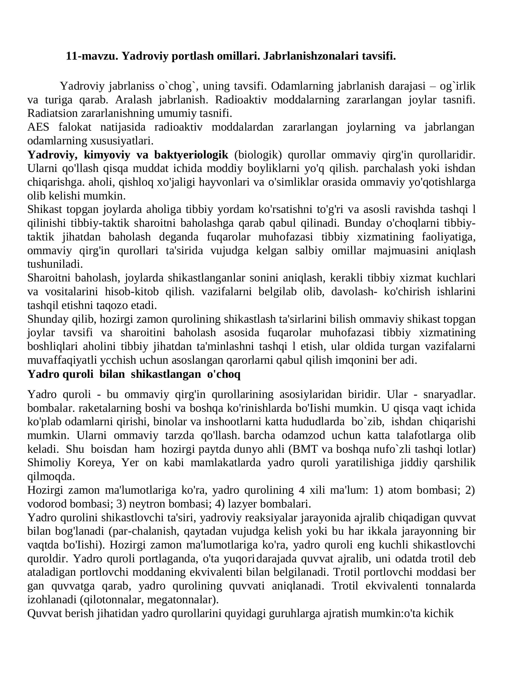 Yadroviy portlash omillari. Jabrlanishzonalari tavsifi. 1