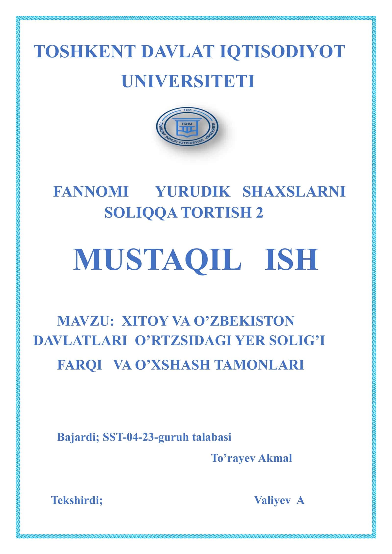 XITOY VA O’ZBEKISTON DAVLATLARI O’RTZSIDAGI YER SOLIG’I FARQI VA O’XSHASH TAMONLARI 1