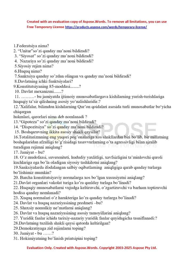 Davlat va huquq nazariyasi amaliy savollar to‘plami 1