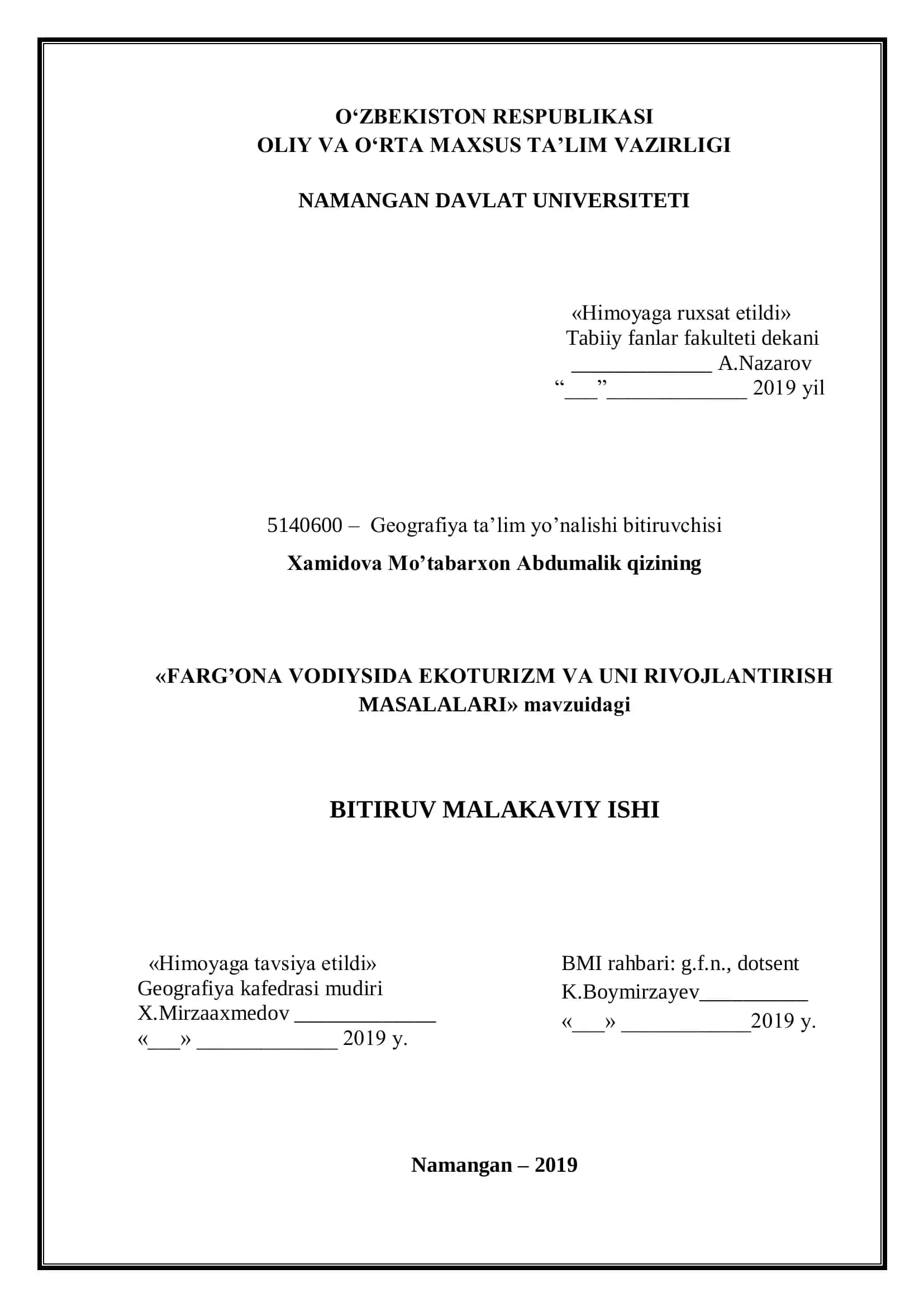 FARG‟ONA VODIYSIDA EKOTURIZM VA UNI RIVOJLANTIRISH MASALALARI 1