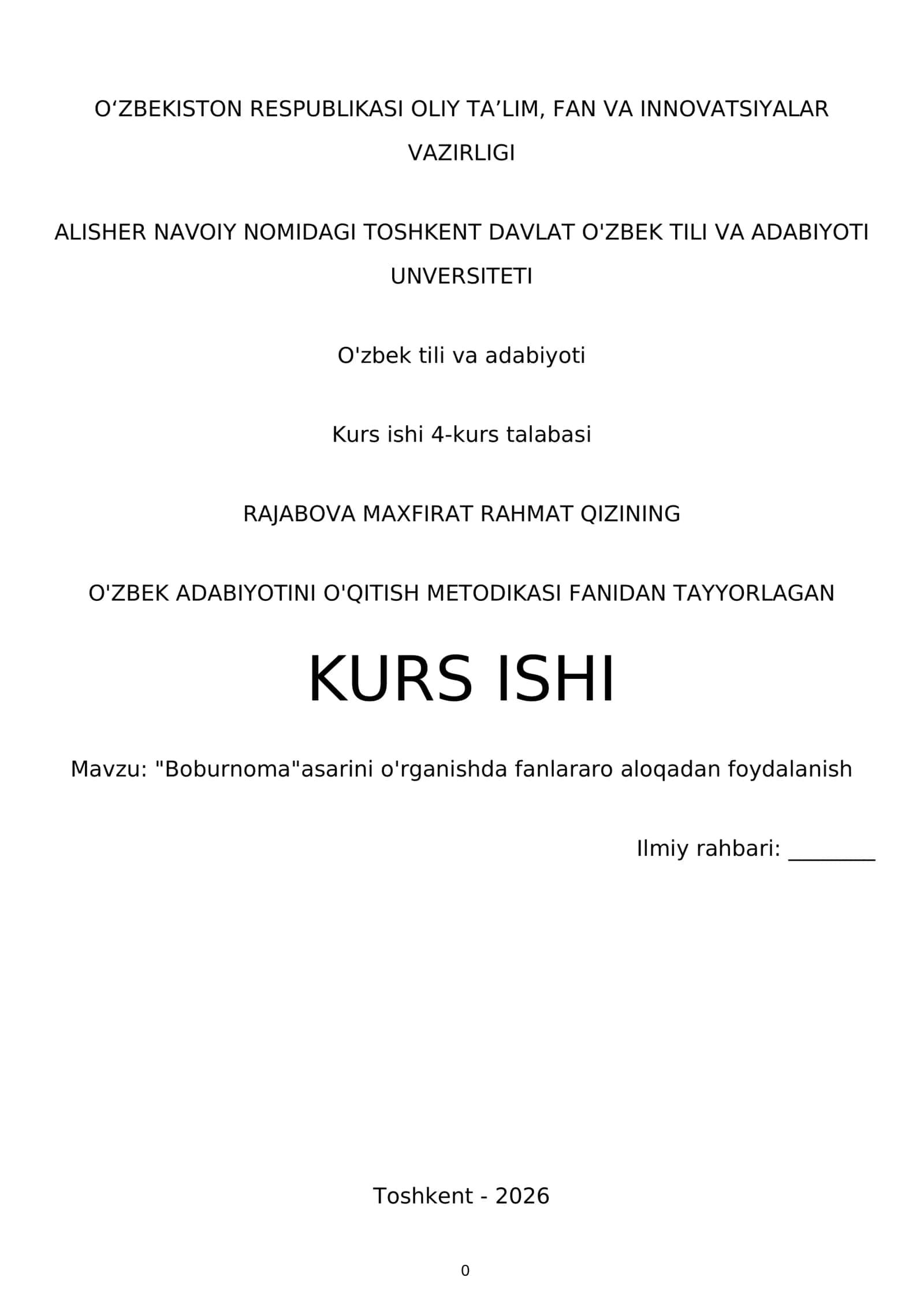O'ZBEK ADABIYOTINI O'QITISH METODIKASI FANIDAN TAYYORLAGAN 1
