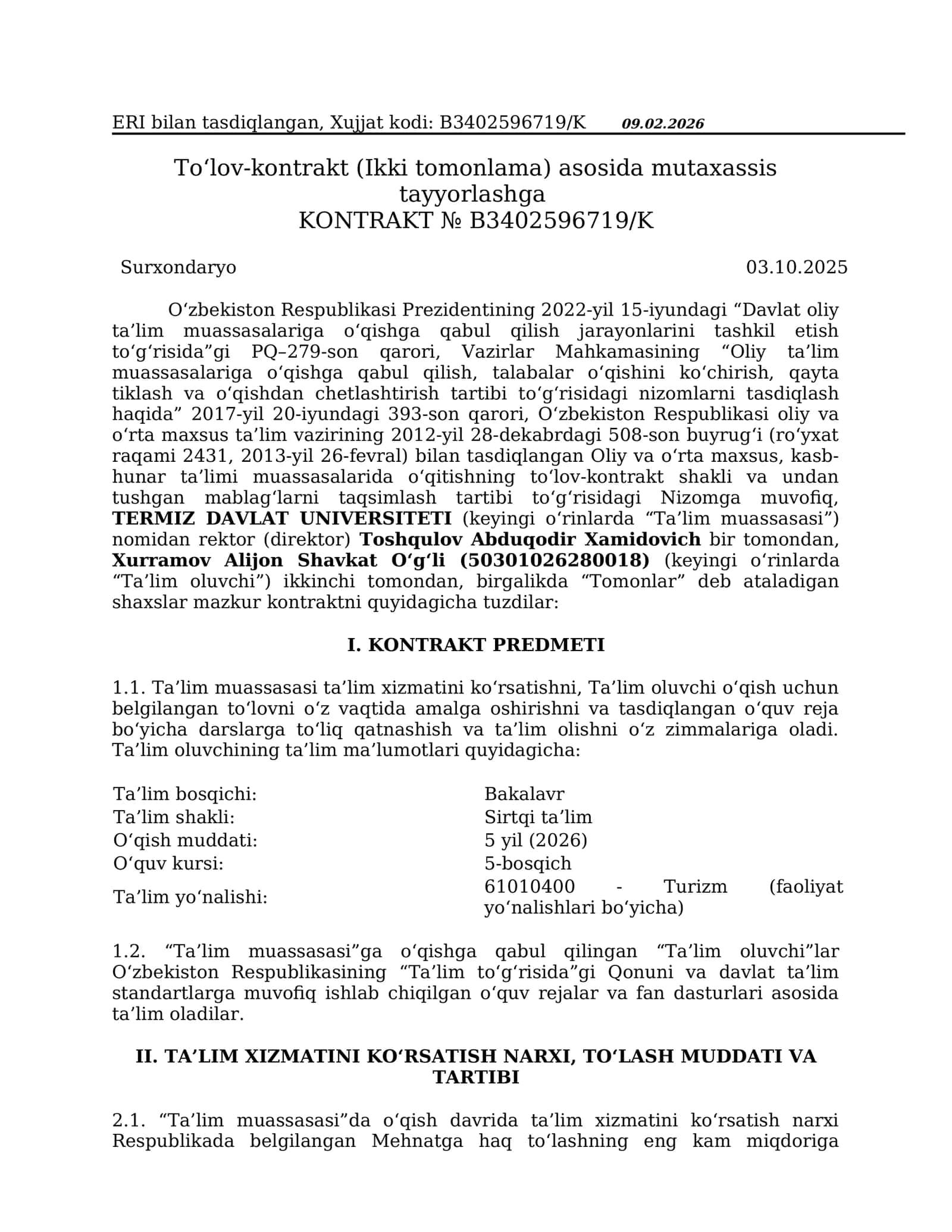 To‘lov-kontrakt (Ikki tomonlama) asosida mutaxassis tayyorlashga 1