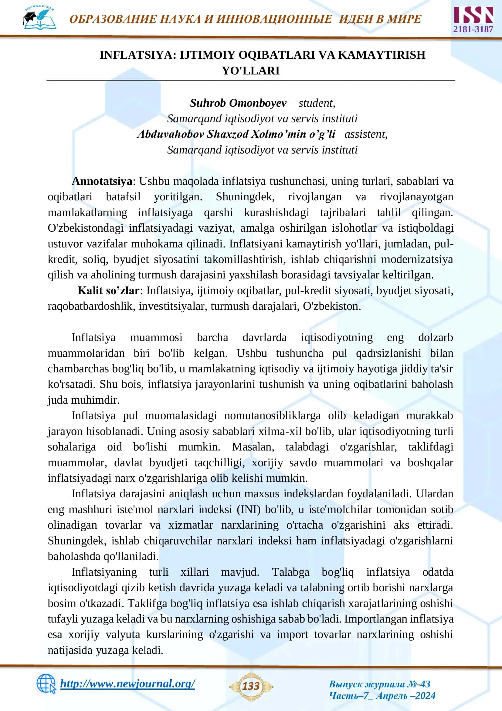 INFLATSIYA: IJTIMOIY OQIBATLARI VA KAMAYTIRISH YO'LLARI 1